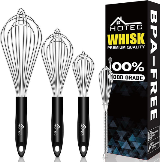 HOTEC 4 Pieces Stainless Steel Whisks Set, Wire Balloon Whisks Egg Beater, Thicken Wire &Non-slip Handle Whisk Perfect for Cooking, Stirring, Beating and Blending (Silver)