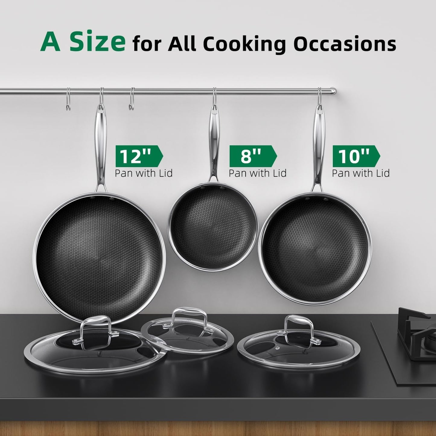 MOMOSTAR Hybrid Nonstick 6-Piece Frying Pan Set, 8, 10 and 12-Inch Cookware Sets with Tempered Glass Lids, Dishwasher & Oven Safe, Induction Ready, Compatible with All Cooktops