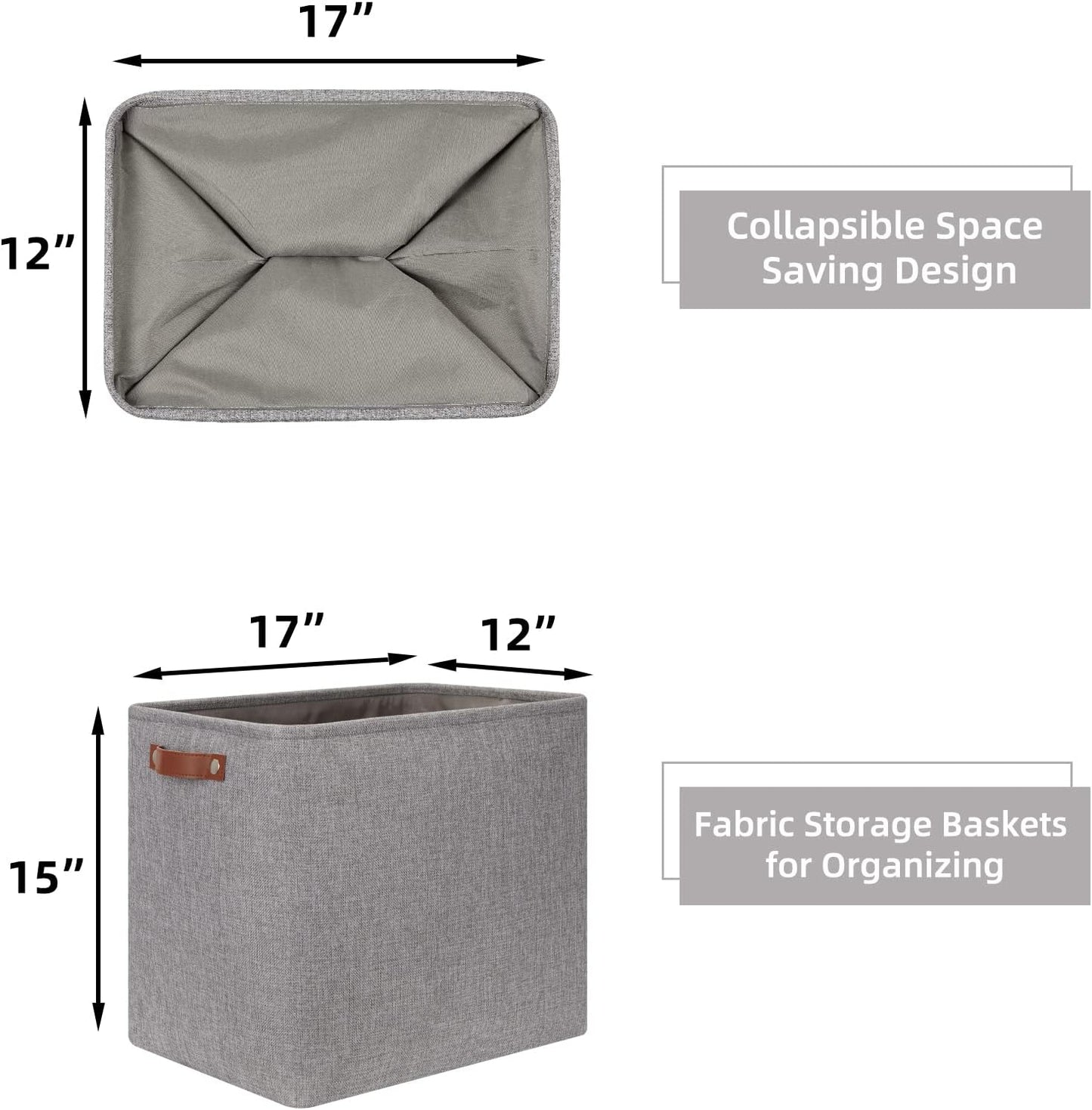 HNZIGE Tall Storage Baskets for Shelves, Rectangular Fabric Organizer with Handles, Decorative Closet Storage Bins (Grey)