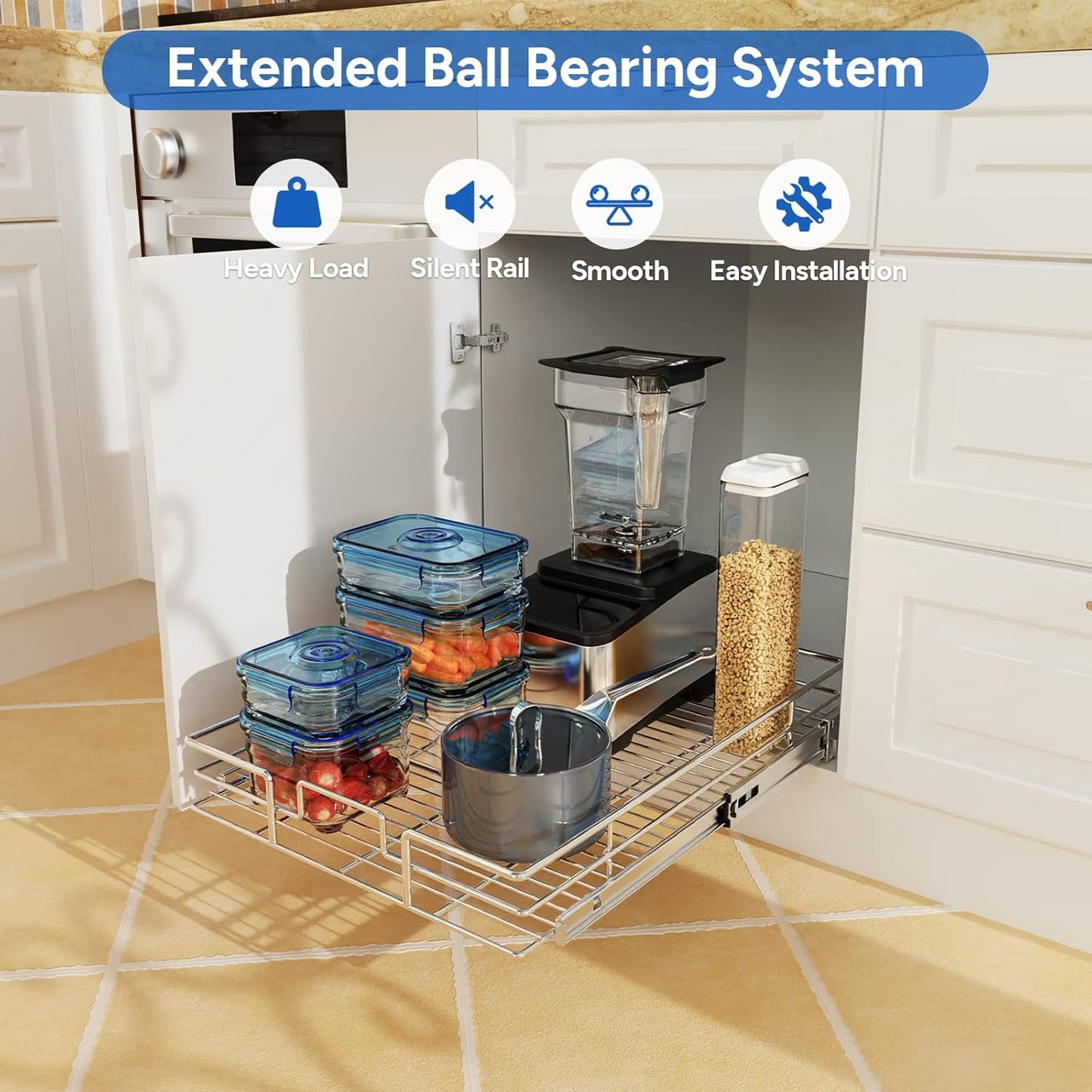 ROOMTEC Pull Out Cabinet Organizer, Cabinet Pull Out Shelves 14½" W x 21½" D, Heavy Duty Cabinet Drawers Slide Out Kitchen Cabinet Organizers Storage Shelf