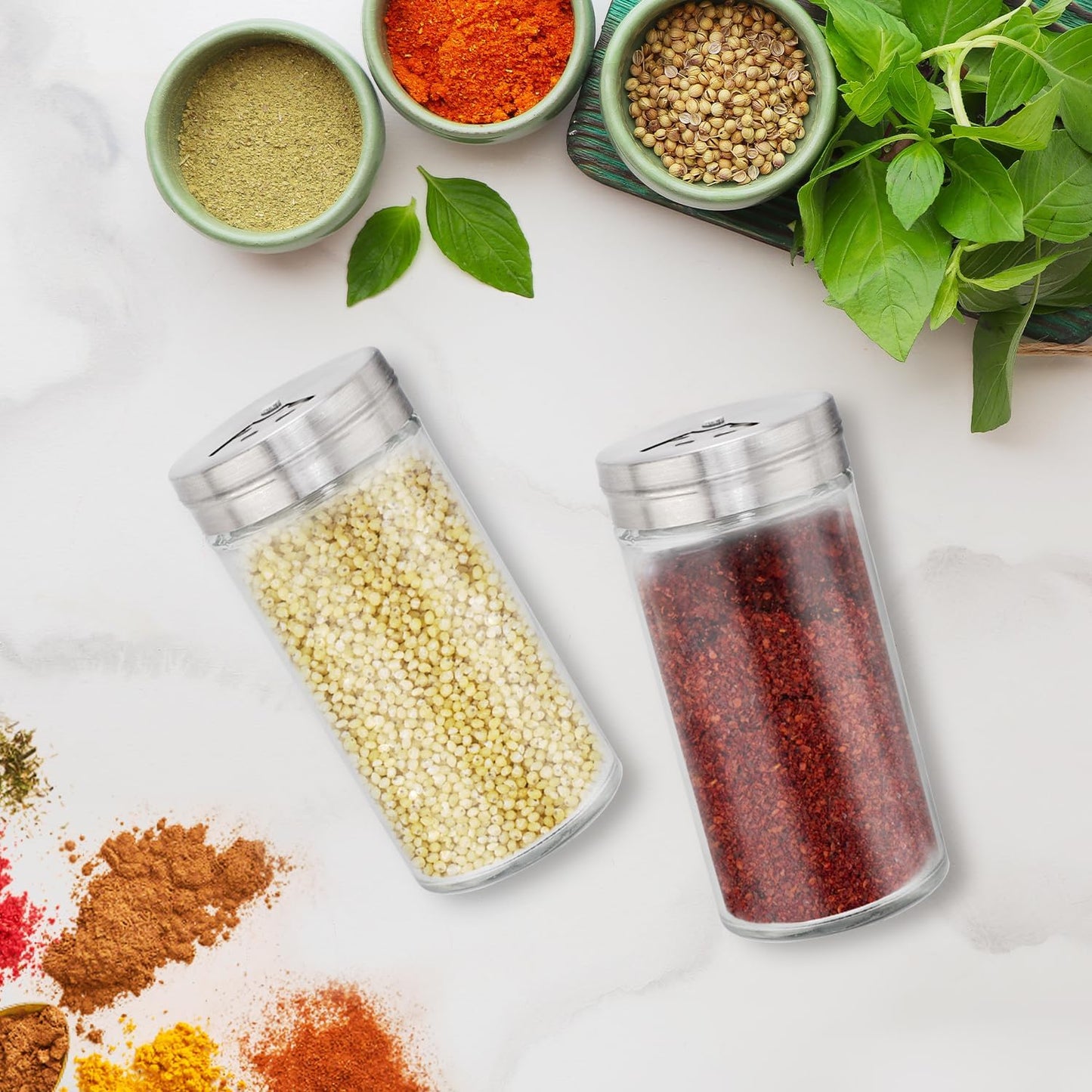 Segarty Spice Jars with Shaker Lids, 6 Pack 4 oz Glass Spice Bottles with Stainless Steel Lid, Glass Empty Seasoning Containers with Adjustable Pour Holes Spice Powder Storage Bottle Pepper Shakers