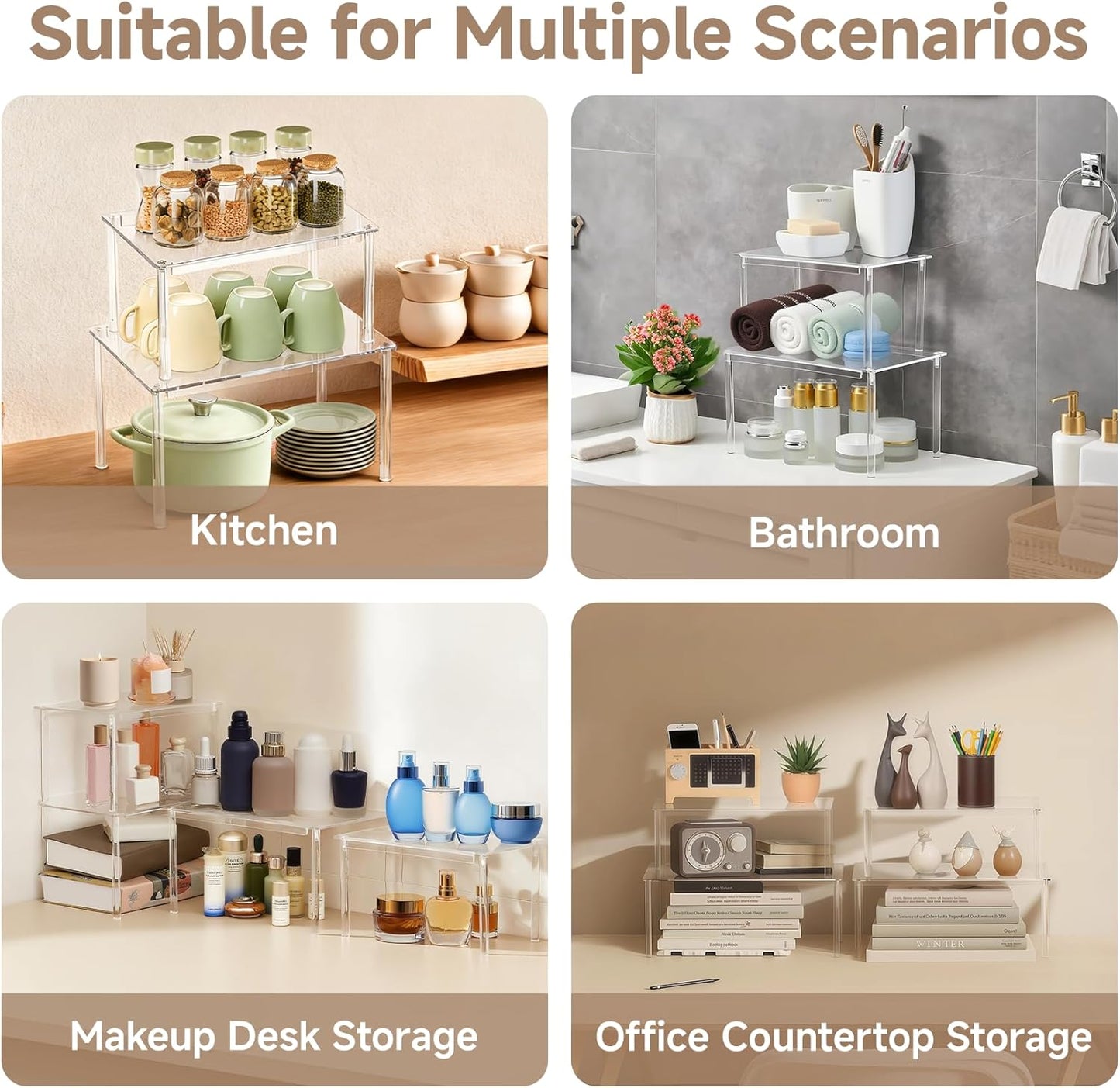 Clear Kitchen Cabinet Organizer, Set of 2 Stackable Spice Rack, Acrylic Shelves for Pantry Organizers and Storage, Tiered Spice Organization for Cabinet, Shelf Organizer for Desk Countertop