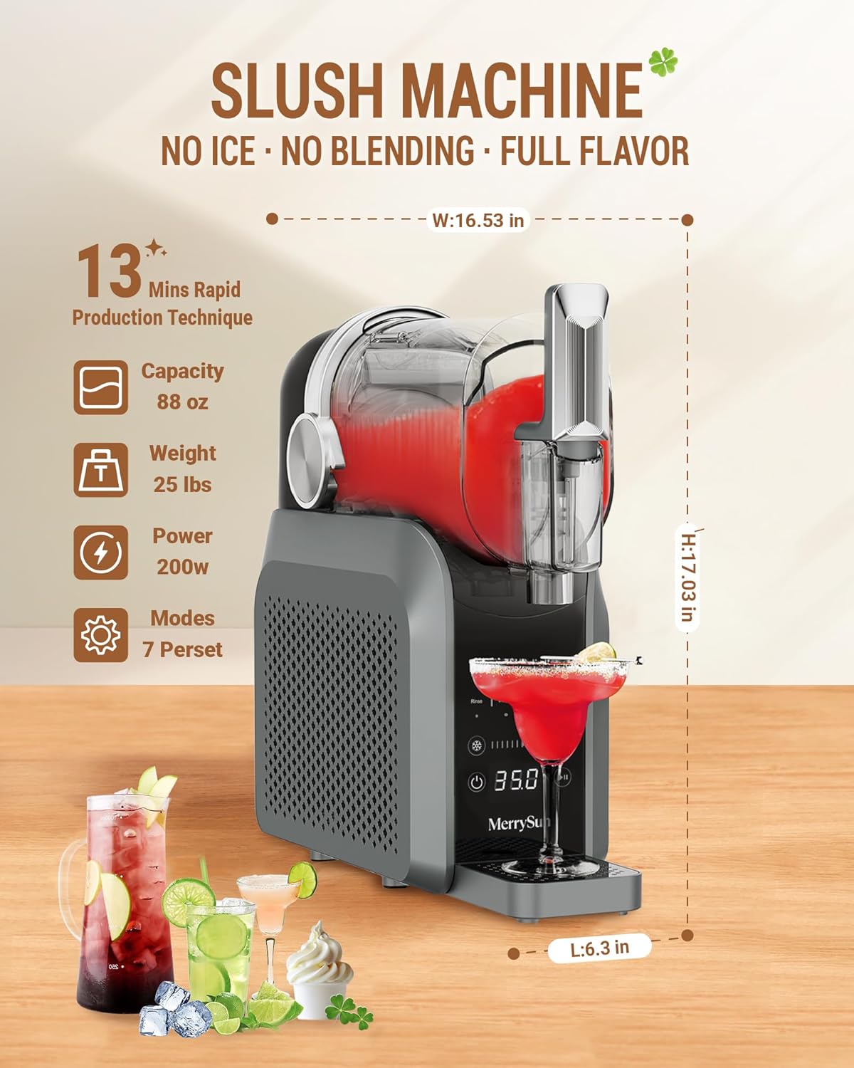 Merrysun Slushie Machine 88 oz with Dust Cover 7-in-1 Slushy Machine for Home, No Ice Needed, Auto-Clean, LED Display, Frozen Drink Maker for Margaritas, Cocktails, Milkshake, Smoothies