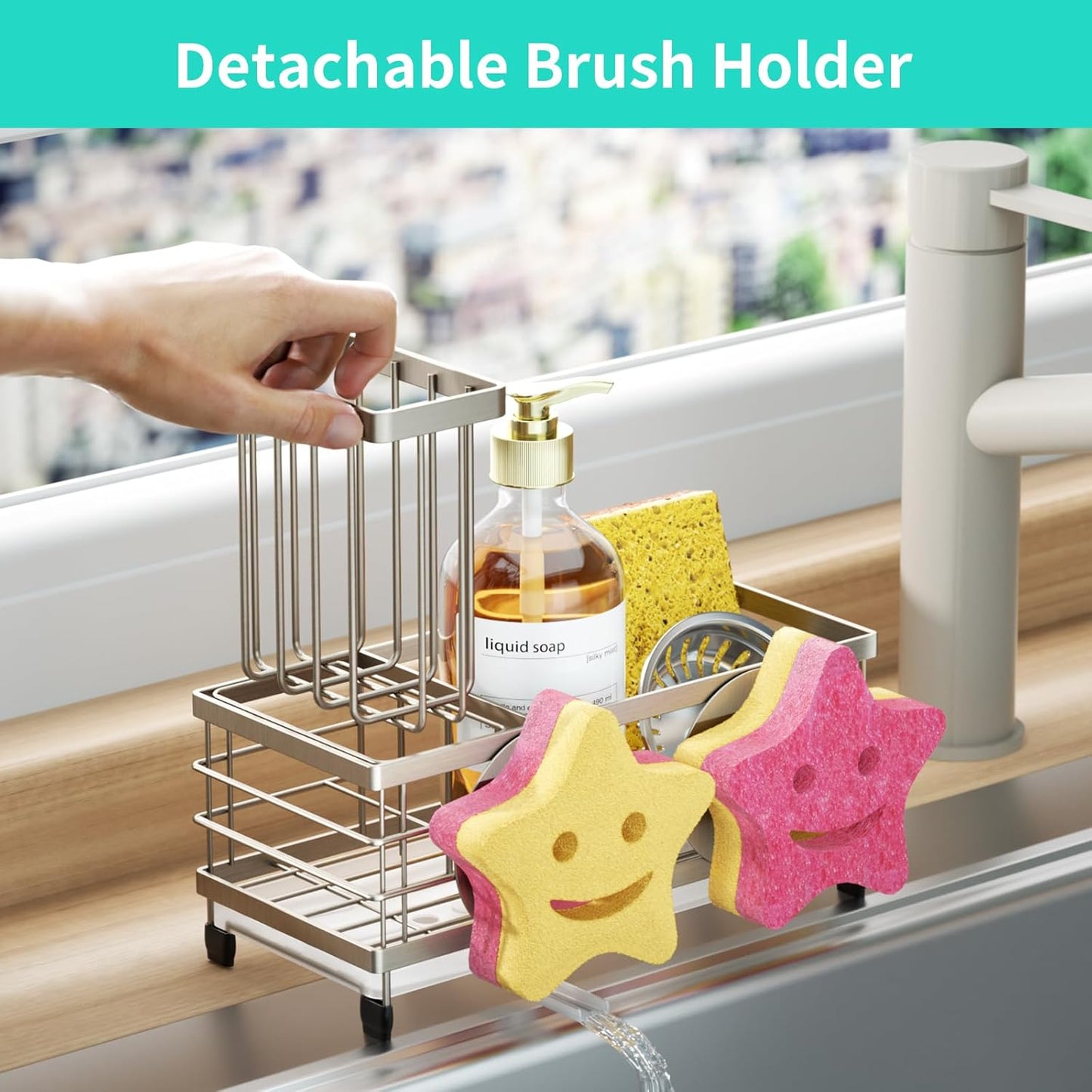 HapiRm Sink Caddy Sponge Holder - Self-draining Kitchen Sink Organizer with Smiley Face and Brush Holder, Stainless Steel Kitchen Sponge Caddy for Countertop - Brushed Nickel
