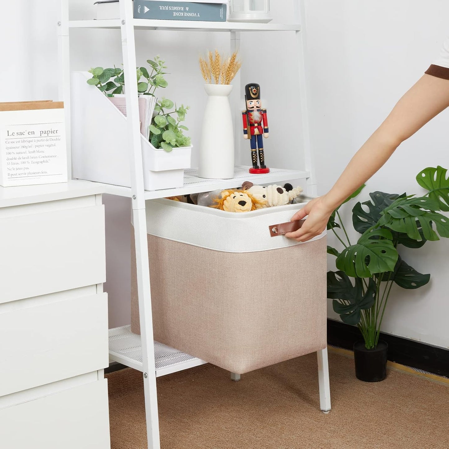 HNZIGE Large Fabric Storage Basket for Shelves, Rectangular Storage Bins Baskets for Storage, Canvas Collapsible Storage Bins with Handles for Organizing Home, Closet(White Beige)