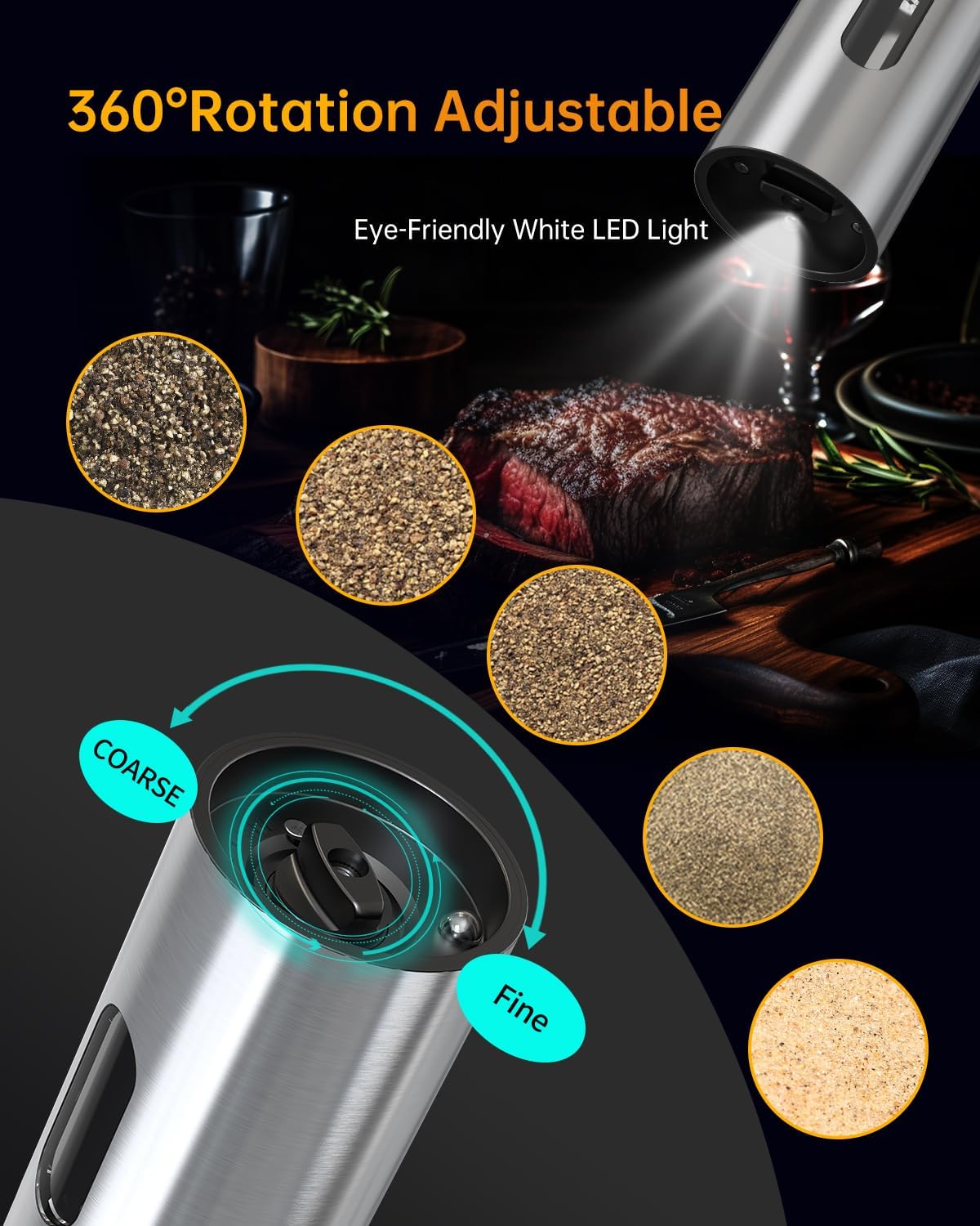 CIRCLE JOY Rechargeable Electric Salt and Pepper Grinder Set with Base, Automatic Stainless Steel Pepper Mill Grinders with 110ml Container, Adjustable Coarseness and White LED Light, Silver