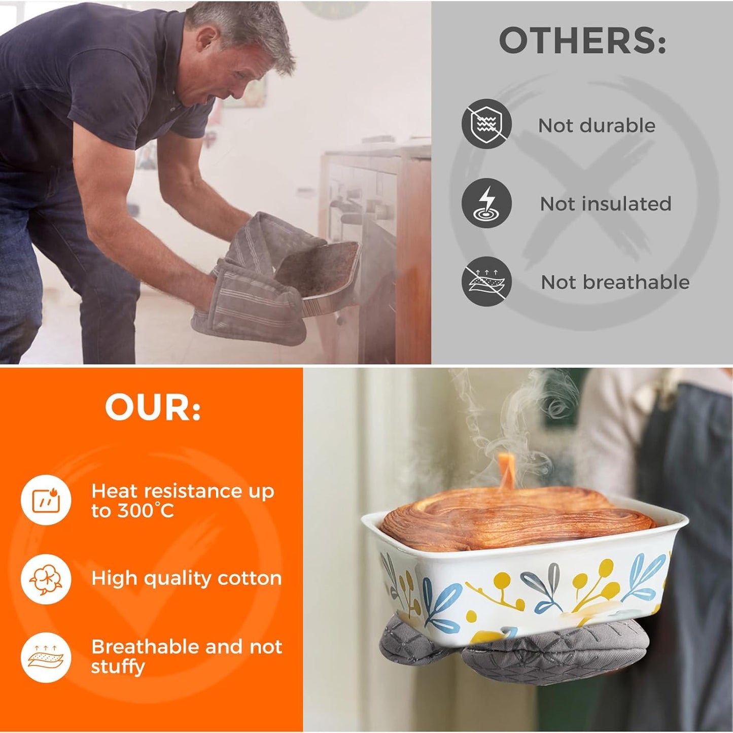 2 Pcs Oven Mitts Heat Resistant for Kitchen, Kitchen Oven Gloves, Long Oven Mitts and Pot holder with Non-Slip Silicone Stripe and Soft Cotton Lining, Silicone Oven Mitts for Cooking Baking BBQ Gloves