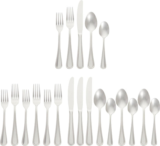 Amazon Basics Silverware Set, Stainless Steel Flatware, Dishwasher Safe, Service for 4, 20-Piece Forks and Spoons, Crown Edge
