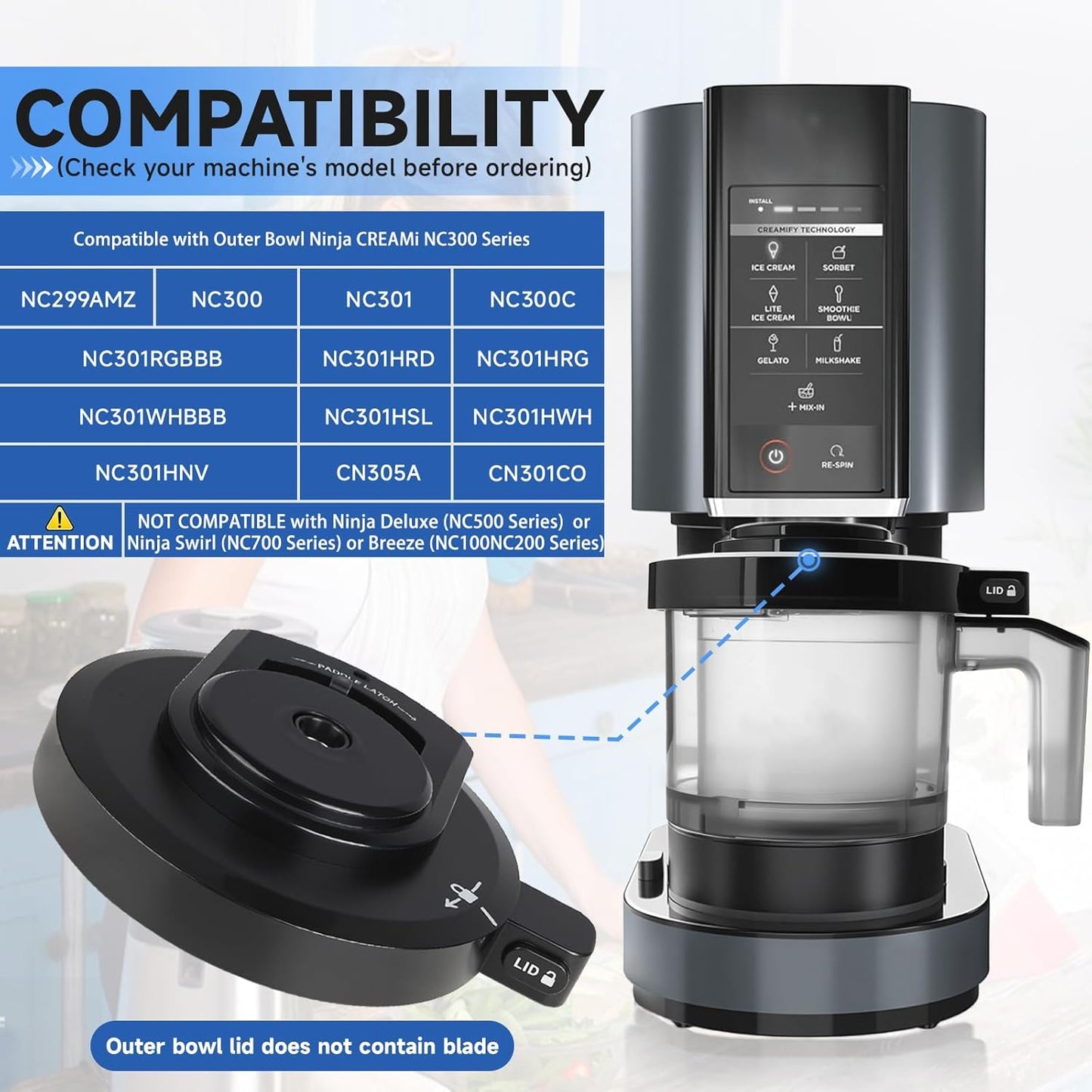 Outer Bowl Lid for NC301 Ice Cream Maker,Reusable Creami Replacement Lid, Creami Accessories Compatible with NC299AMZ/NC301/NC300/NC201/NC101 Series (NO Paddle)