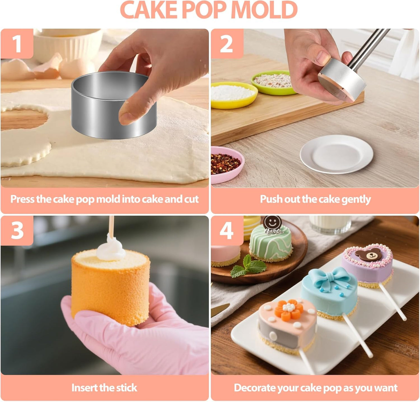 Cake Pop Mold Kit, 2 Pack Cake Pop Cutter and Pusher with 50pcs Cake Pop Sticks, 50pcs Cake Pop Bags, 50pcs Twist Ties, Cake Pop Maker for Cakepops, Lollipop, Candies, Chocolates and Cookies