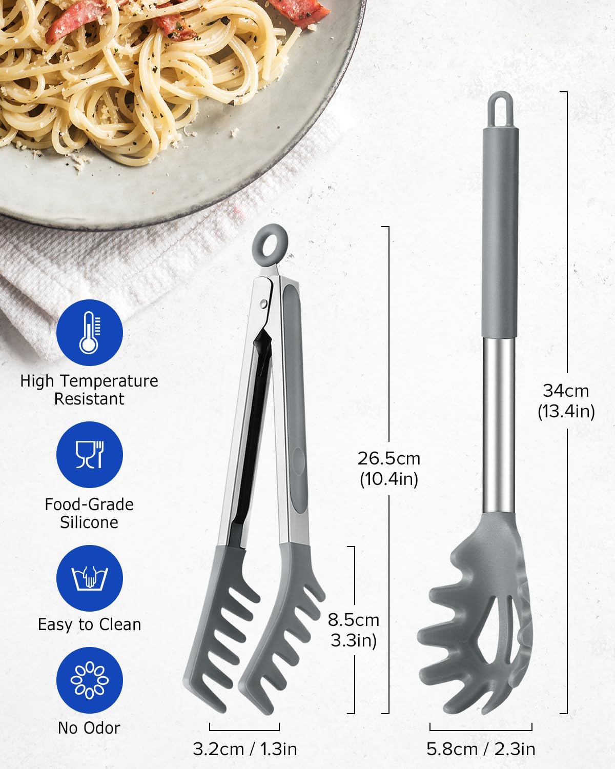 Spaghetti Spoon and Pasta Tong, Non-stick Silicone Spoon Server Fork With Teeth and Stainless Steel Handle, Food Clip for Noodles (Grey)