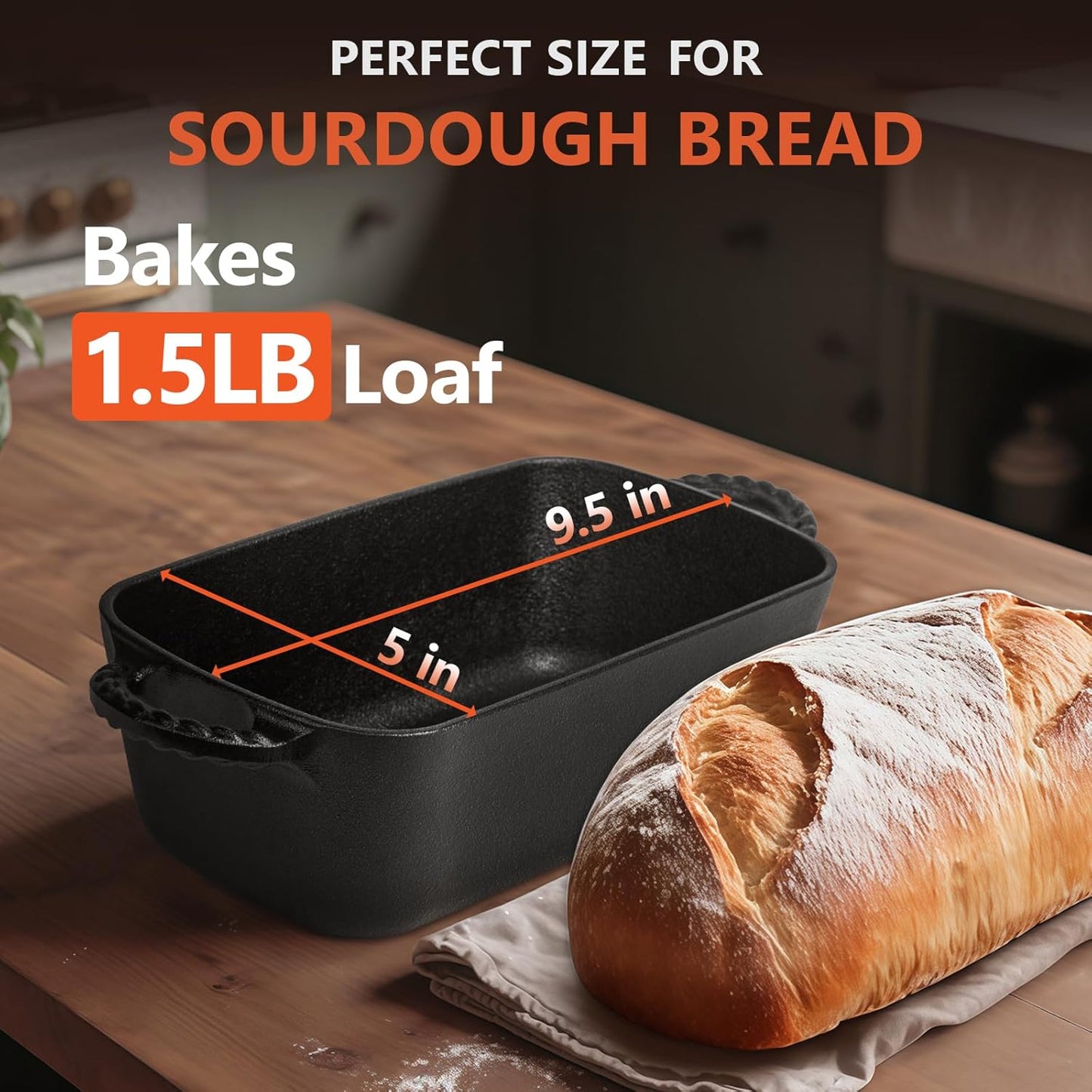 9.5×5 Inch Cast Iron Loaf Pan - Pre-Seasoned Sourdough Bread Baking Pan, Even Heat Distribution for Homemade Bread