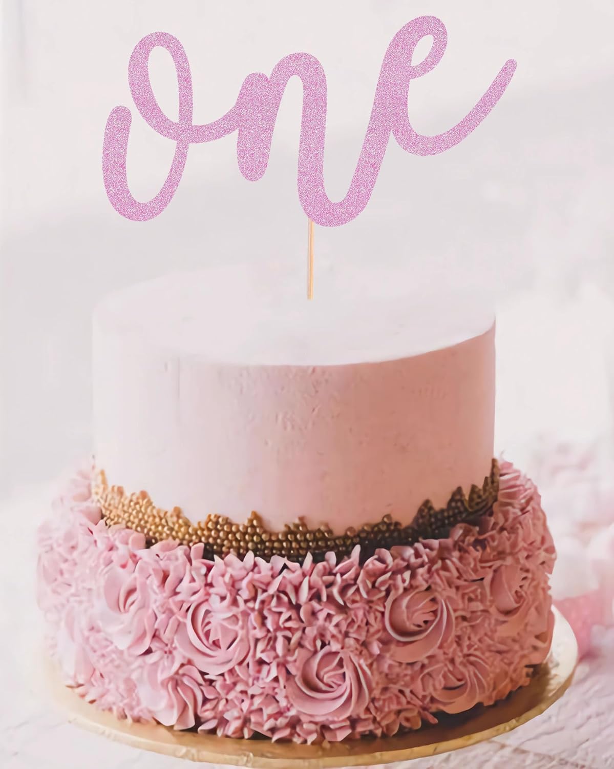 First Birthday Cake Topper - Pink Glitter One Cake Decorating Supplies for Girls and Boys, Perfect for Baby Shower/Gender Revealing Party/Baby Party Photo Booth Props