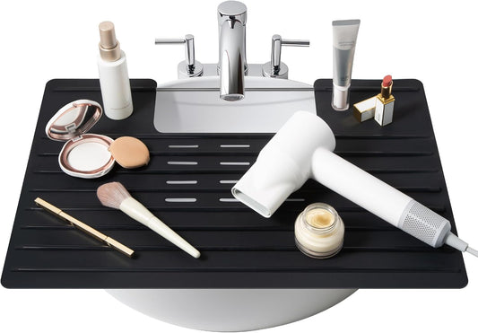 Maplefield Bathroom Sink Cover for Counter Space - 22 x 2 x 2 in Black Silicone - Heat Resistant Sink Cover up to 400°F & Foldable Design for Getting Ready - Makeup Mat with Ridges