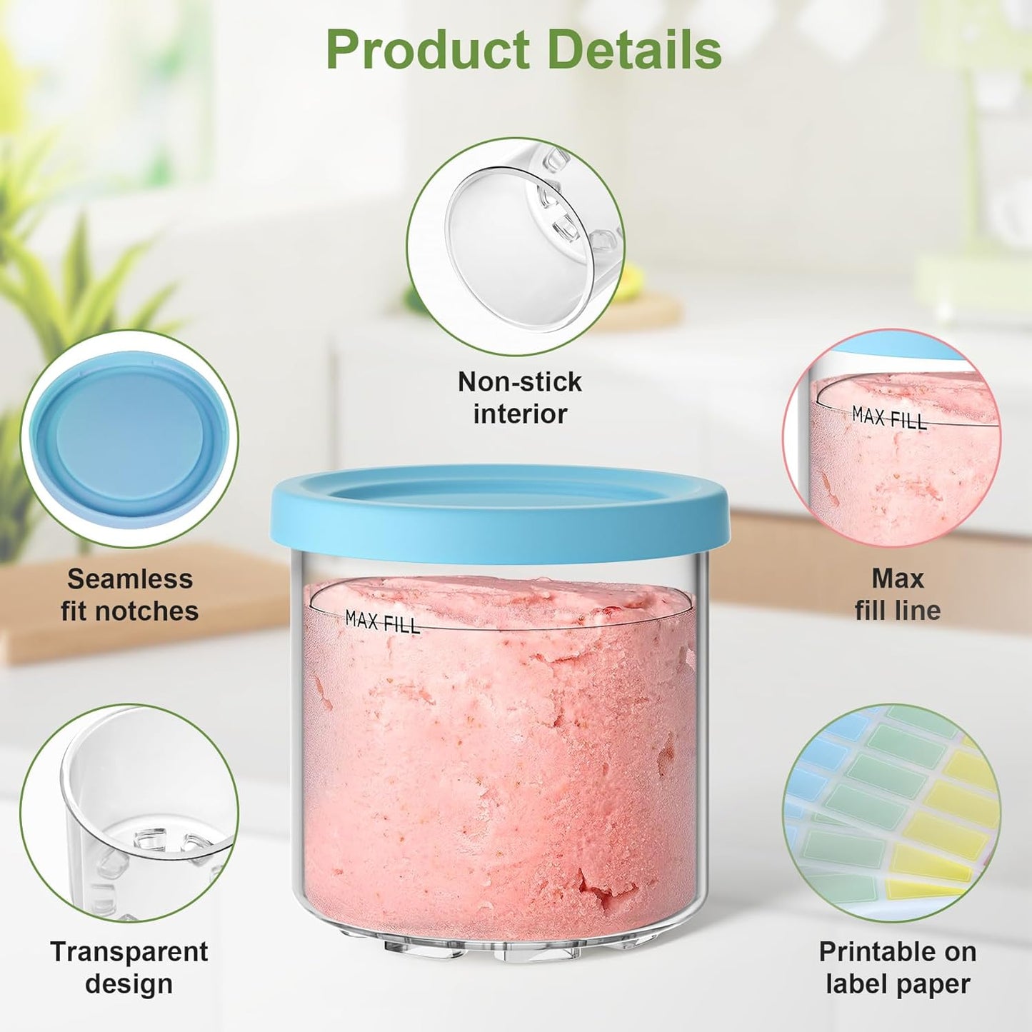 4 Pack Creami Pint Containers and Lids for Ninja with 4 Spoons and Writable Labels, Compatible with Ninja NC299 NC300 NC301 Series Creami Maker Machine Accessories, BPA Free & Dishwasher Safe, Blue