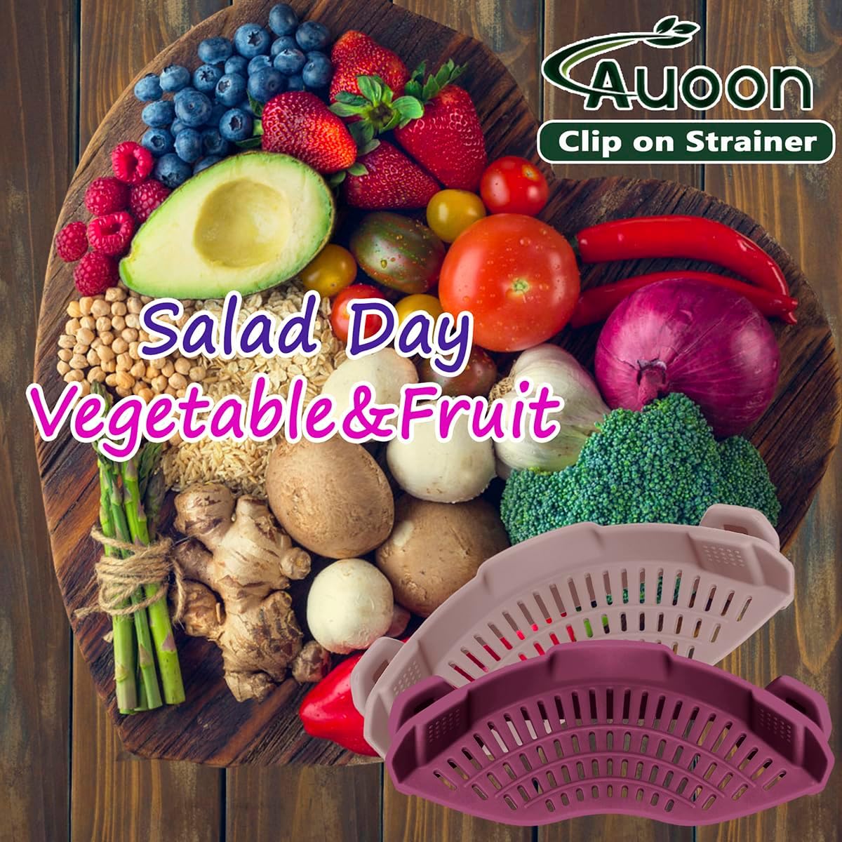 AUOON Silicone Clip on Strainer - Adjustable Strainers and Colanders for All Pots Pans and Bowls | Practical Kitchen Gadgets for Cooking and Draining (Cherry)