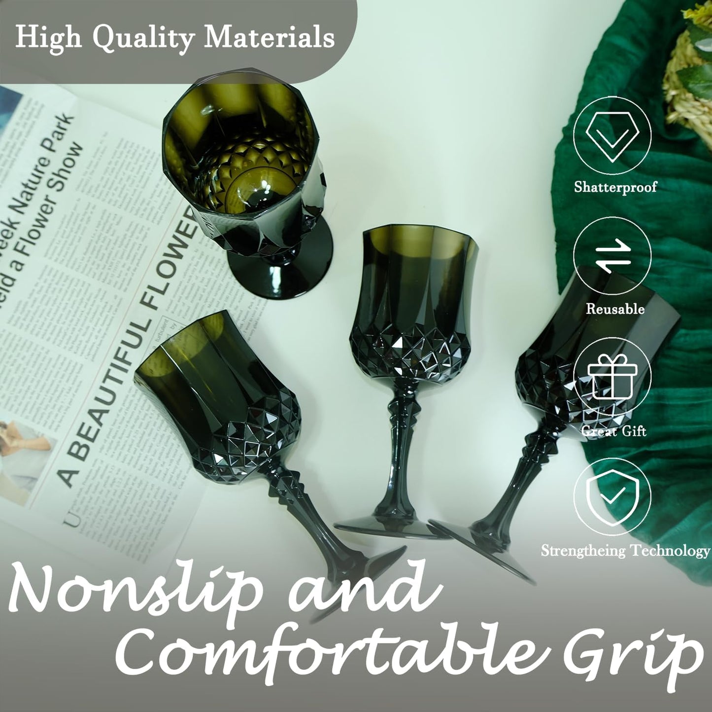 Plastic Wine Glasses，Plastic Goblets Vintage Style Cordial Drinking Glasses for Wedding Reception, Grand Event Party Supplies (48, Black)