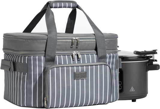 Fun Elements Double Layer Slow Cooker Carrier Bag for 6-8 Quart Oval Crock-Pot, Insulated Crock Pot Travel Bag with Support Pad and Adjustable Straps, Top Zip Compartment and Front Pocket for Utensils