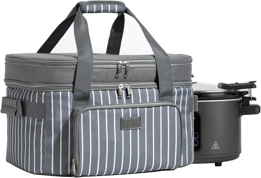 Fun Elements Double Layer Slow Cooker Carrier Bag for 6-8 Quart Oval CrockPot, Insulated Crock Pot Travel Bag with Support Pad and Adjustable Straps, Top Zip Compartment and Front Pocket for Utensils