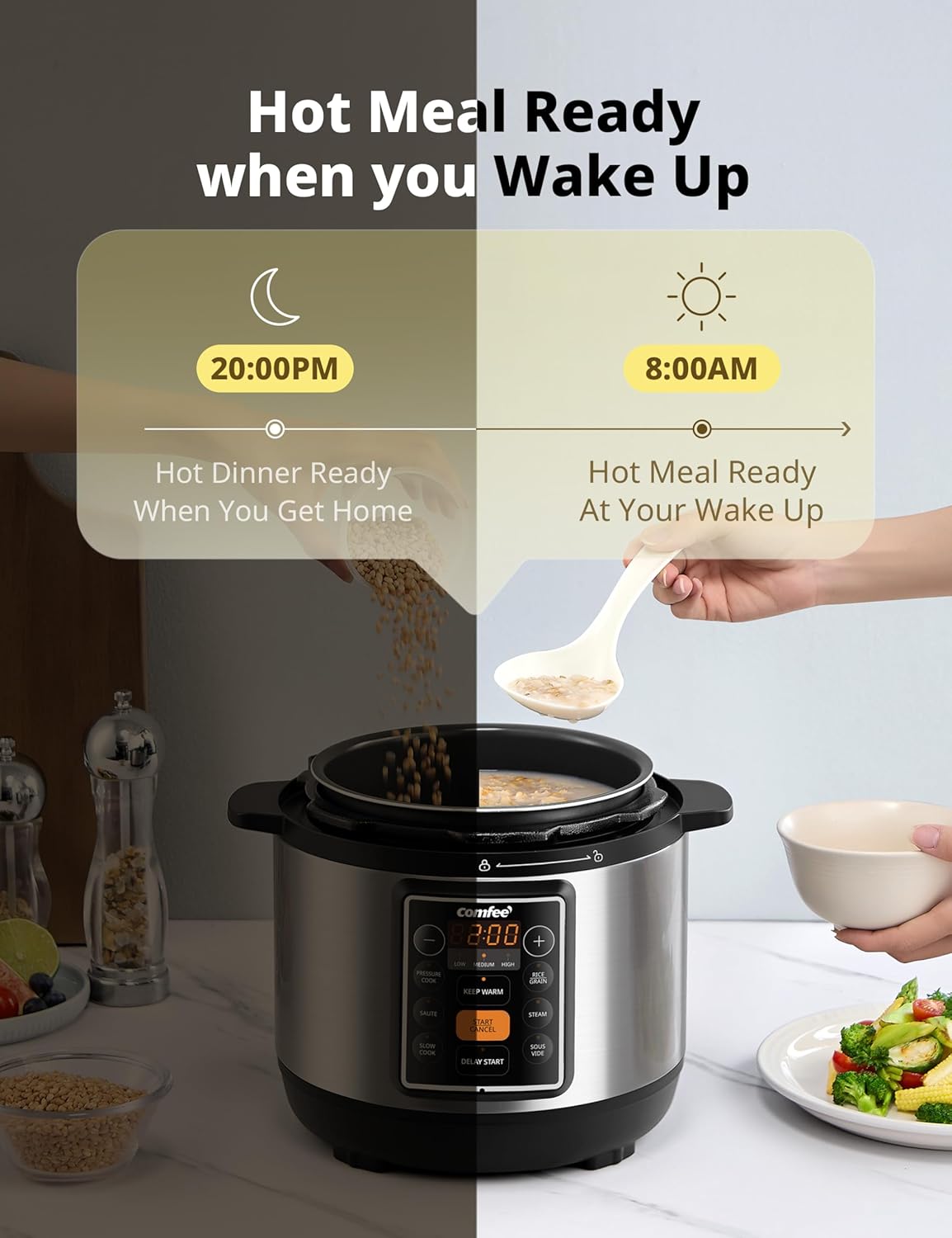 COMFEE’ 7-in-1 Small Electric Pressure Cooker, Slow Cooker, Steamer, Sauté, Sous Vide, Warmer, Multi Cooker with Natural Ceramic Coated Non-Stick Pot, 3 Quarts