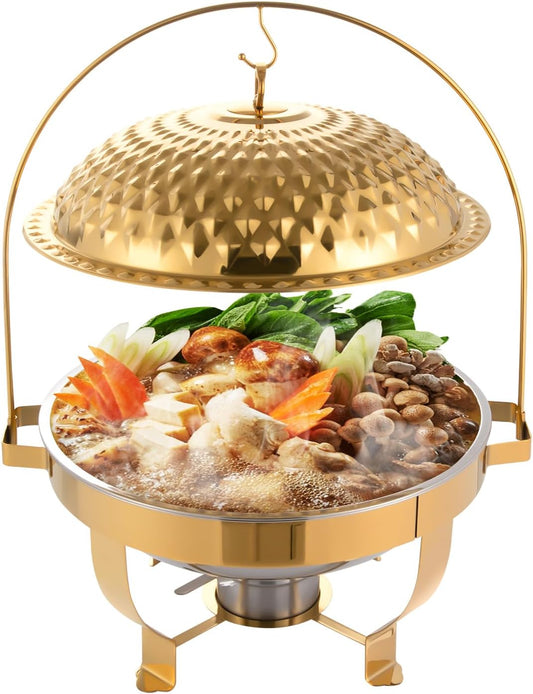 Chafing Dish Buffet Set, Stainless Steel Hanging Lid Dining Stove, Roll Top Chafing Dish Buffet Diamond-Shaped Lid and Round Stand for Buffet Restaurants and Banquets (Gold, 8L/8.5QT)