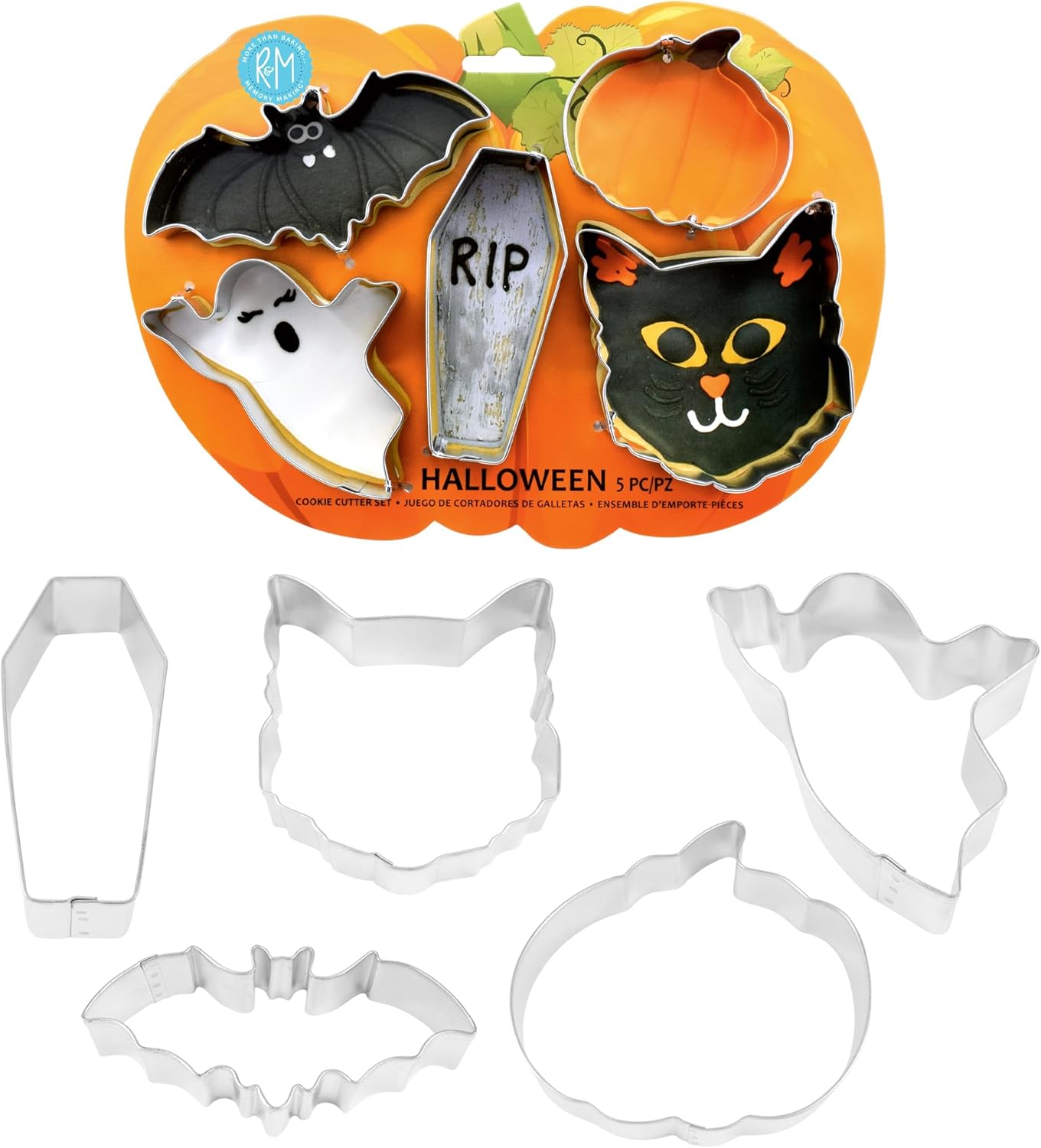 R&M Halloween Cookie Cutter 5 Piece Gift Set. Includes Bat, Ghost, Coffen, Cat and Pumpkin Cookie Cutter