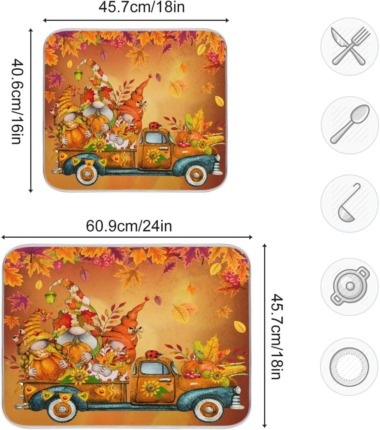 Thanksgiving Gnome Truck Autumn Dish Drying Mat for Kitchen Counter Absorbent Microfiber Drying Pad, Medium 16x18 in, Maple Leaves Reversible Drainer Mats