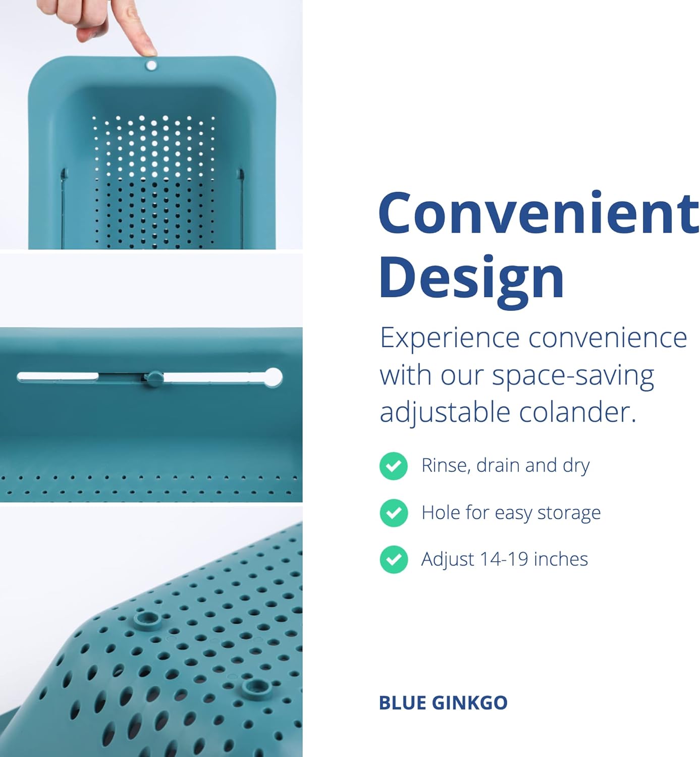 BLUE GINKGO Sink Colander Baskets - (Pack of 2) Wash Vegetables and Fruits, Drain Cooked Pasta and Dry Dishes - Extendable - New Home Kitchen Essentials (2 Teal)