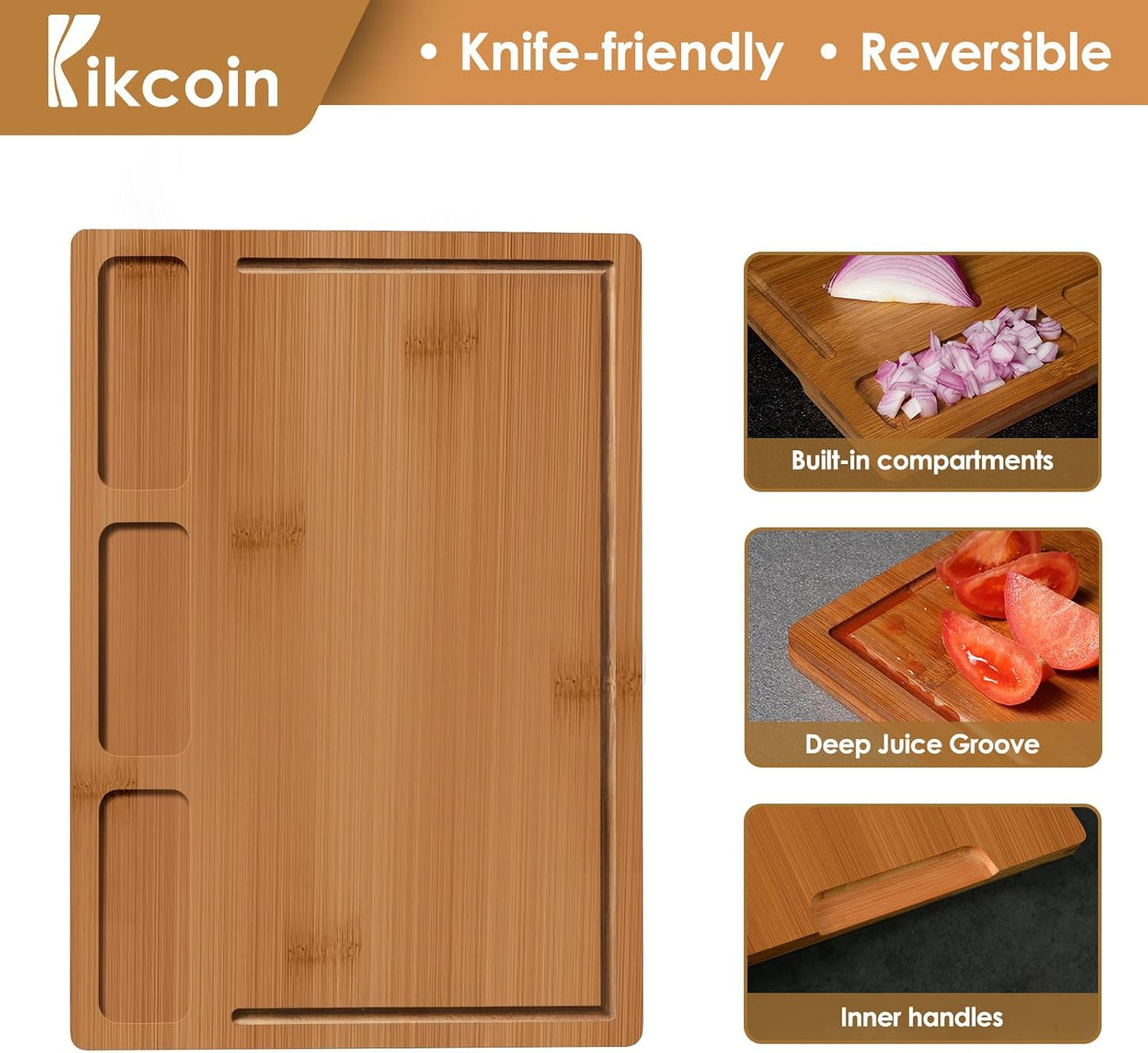 Kikcoin Bamboo Cutting Boards for Kitchen, (Set of 3) Kitchen Chopping Board with 3 Built-In Compartments and Juice Groove Heavy Duty Serving Tray Wood Butcher Block and Wooden Carving Board, Brown