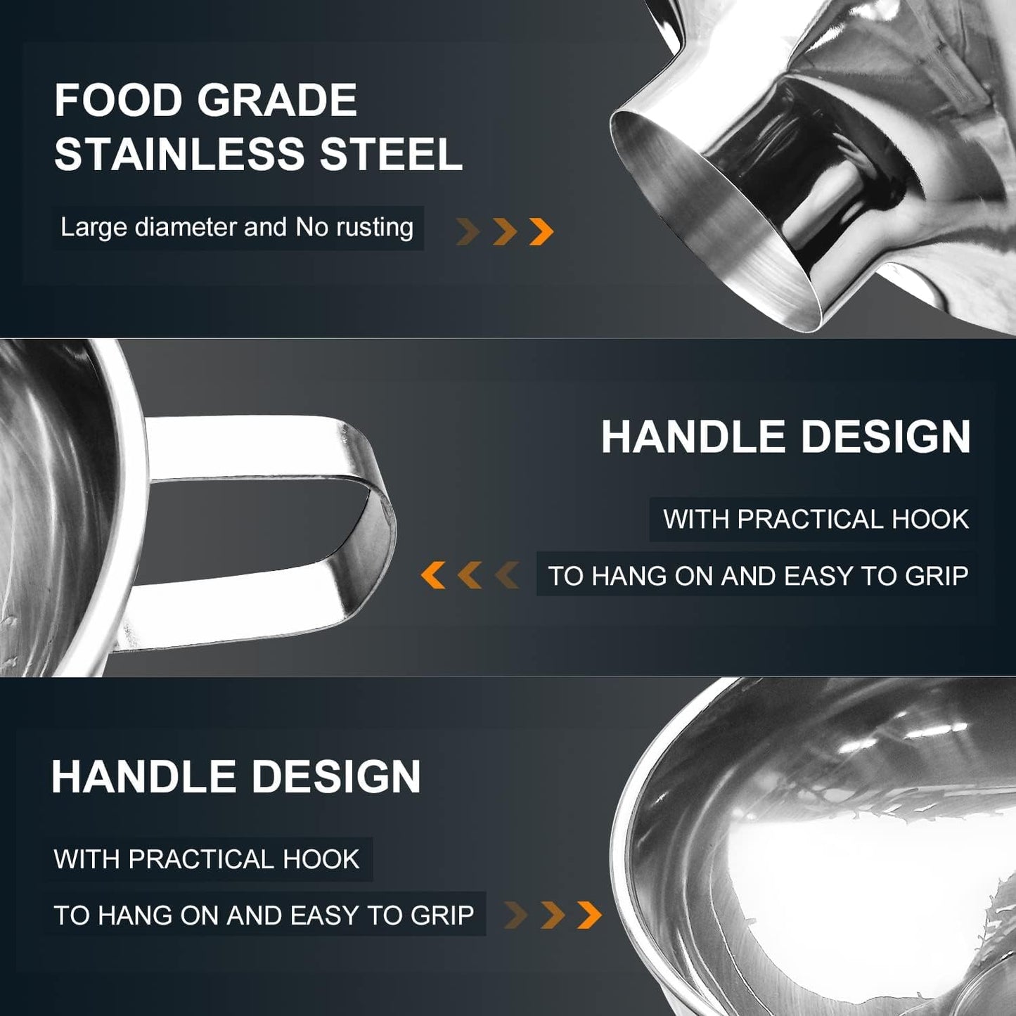 Walfos 5.5 Inch and 4 inch Stainless Steel Wide-Mouth Funnel with Handle for Wide and Regular Mason Jars Canning Jars,Wide Mouth Funnels for Kitchen Use Transferring Liquid and Dry Ingredients!