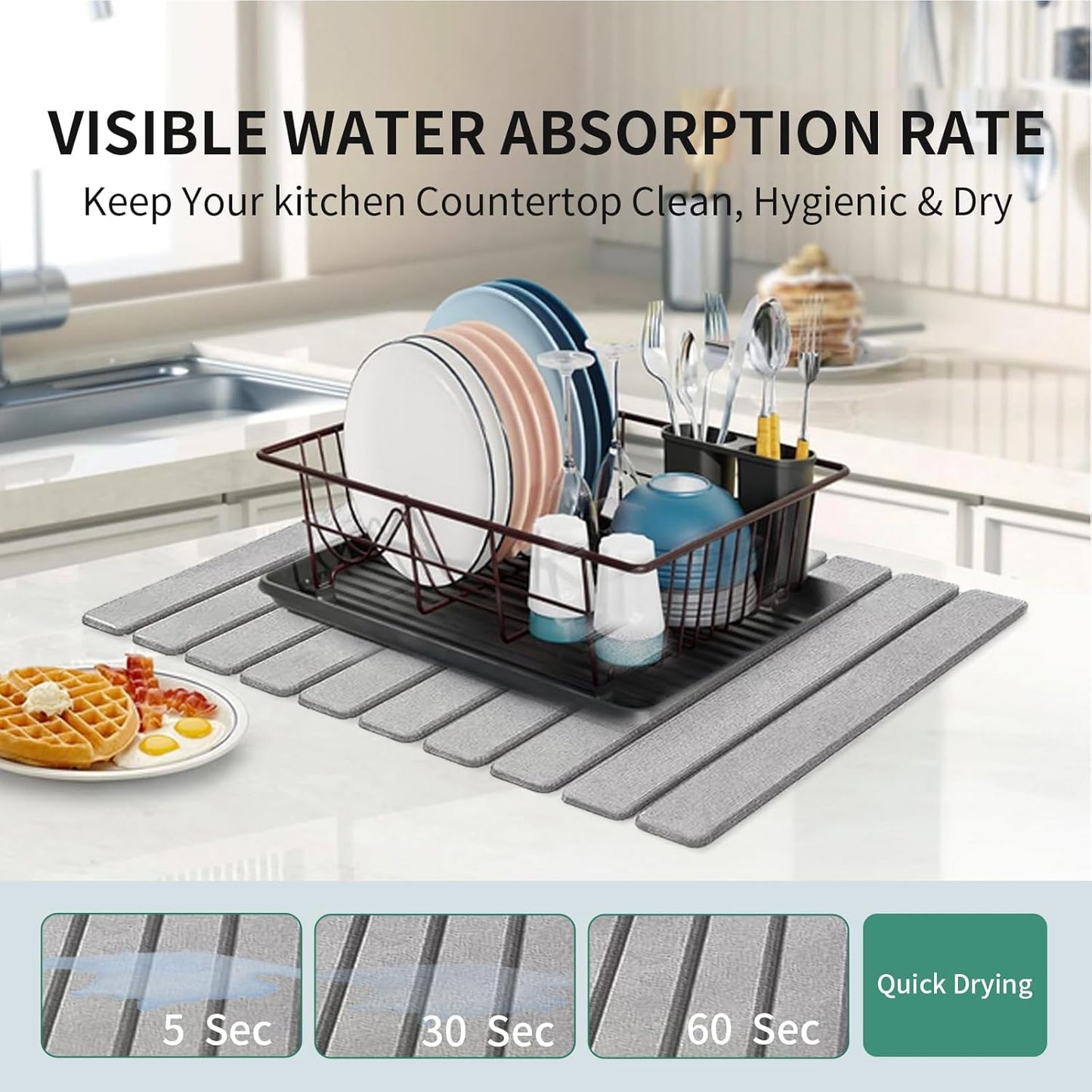 Stone Drying Mat for Kitchen Counter, Collapsible Dish Drying Mat, Fast Drying Diatomaceous Earth Dish Drying Mats, Water Absorbent Diatomite Kitchen Mat (grey, medium)