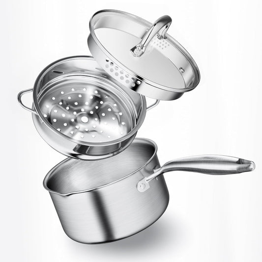 Leetaltree 3.5 Quart Stainless Steel Saucepan with Steamer Basket, Tri-ply Construction, Versatile Sauce Pan with Double-sized Drainage Lid - Perfect for Cooking Gravies, Pasta, Vegetable and More