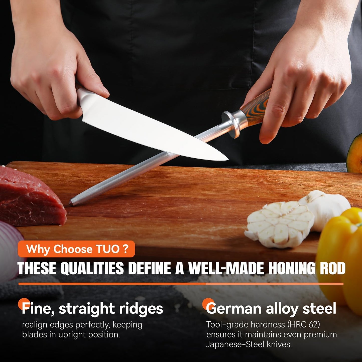 TUO Honing Steel, Sharpener Rod with Thicker Steel Core for Kitchen Knives Daily Sharpening Maintenance, High Carbon Steel, Ergonomic Handle, 8 inch