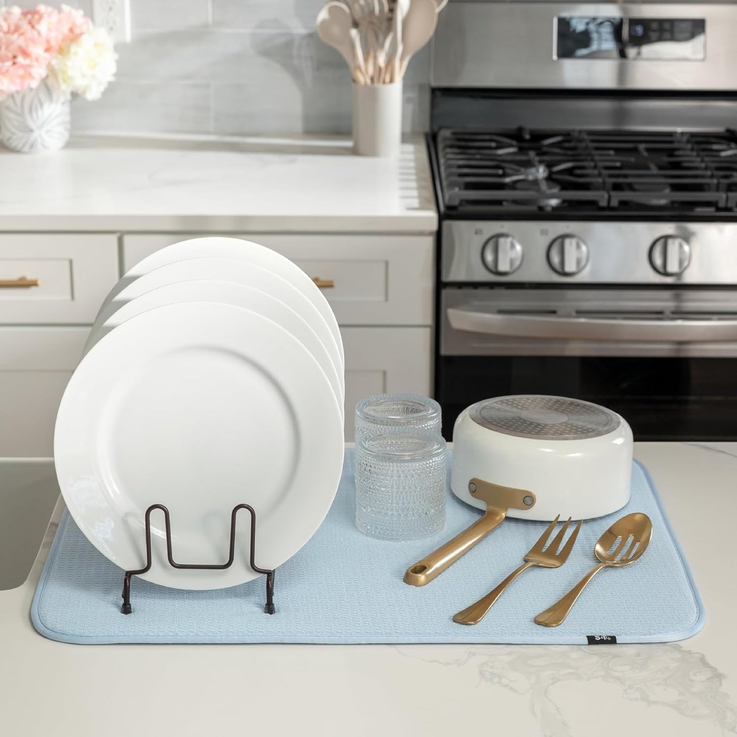 S&T INC. Dish Drying Mat XL, 18” x 24”, Absorbent Microfiber Kitchen Counter Mat, Dish Drying Pad for Dishes, Utensils, Pots and Pans, Extra Large, Sky Blue