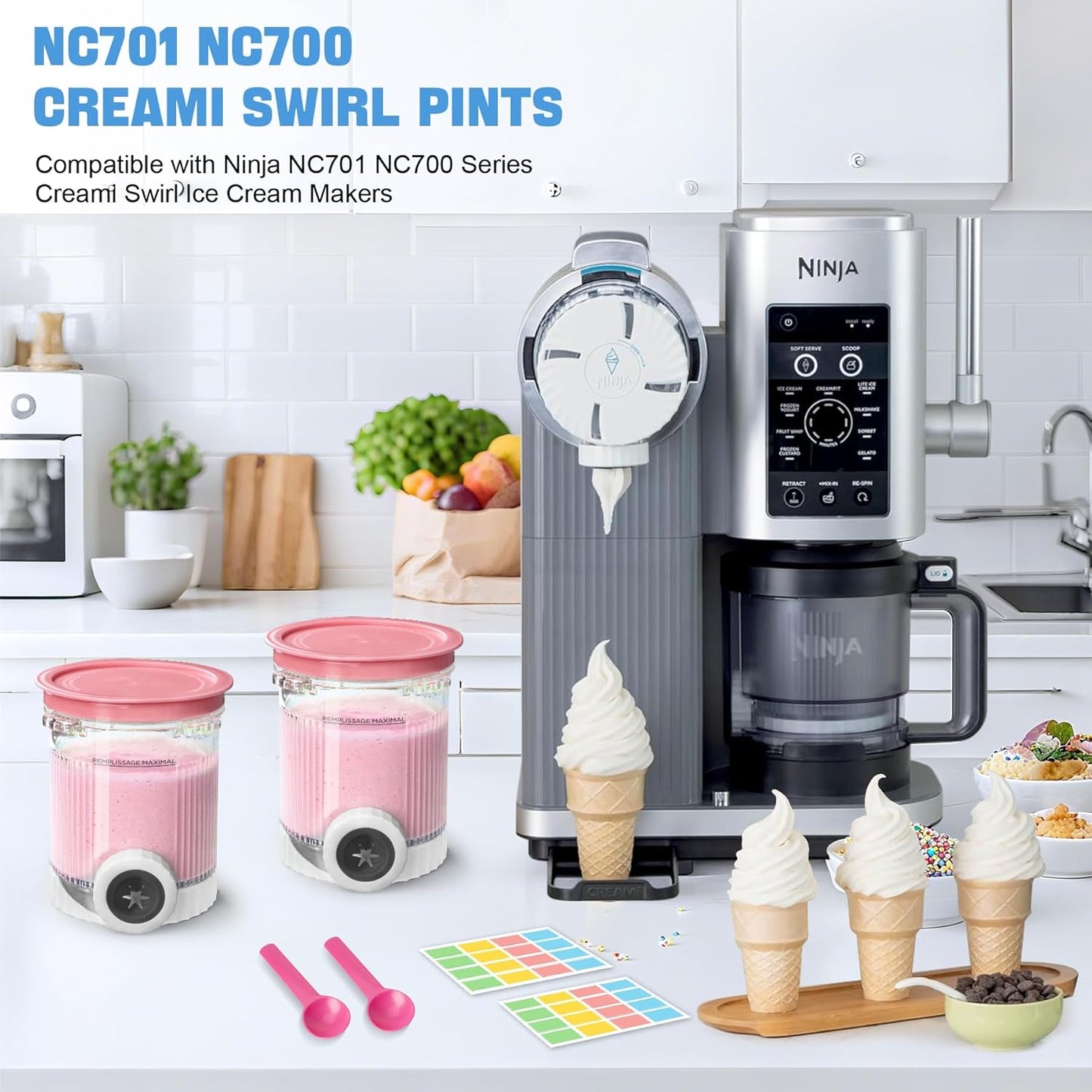 2 Pack Creami Swirl Pints & Lids for Ninja, Compatible with NC700 Series Ninja Swirl Ice Cream & Soft Serve Makers, with 2 Spoons & 32 Writable Labels, BPA-Free & Dishwasher Safe, Pink