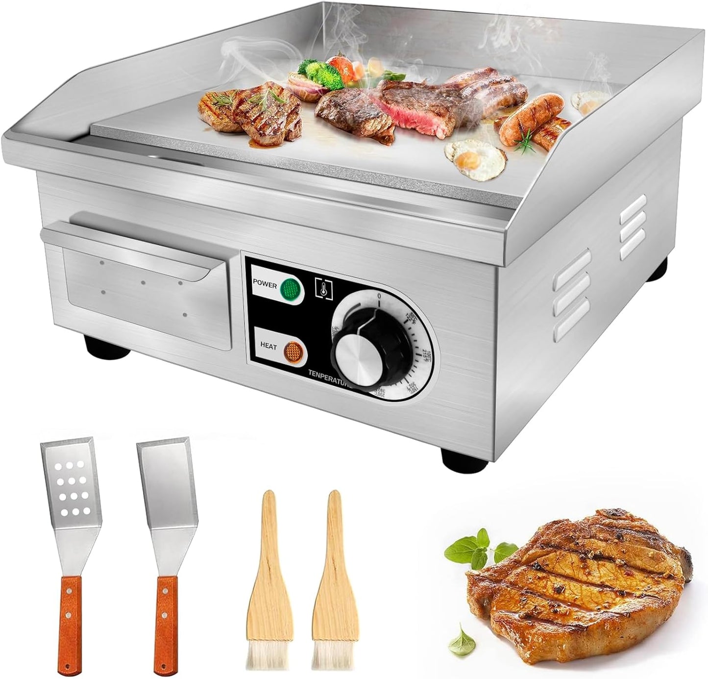 14" Commercial Electric Griddle,Electric Countertop Flat Top Griddle,110V 1500W Electric Flat Top Grill,Non-Stick Restaurant Teppanyaki Stainless Steel Grill,Adjustable Temperature Control