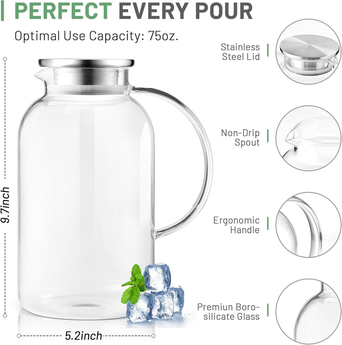 SUSTEAS 2.2 Liter 75oz Glass Pitcher with Lid, Easy Clean Heat Resistant Glass Water Carafe with Handle for Hot/Cold Beverages - Water, Cold Brew, Iced Tea & Juice, 1 Long-Handled Brush Included