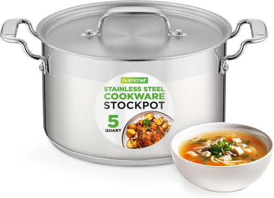 NutriChef 5-Quart Stainless Steel Stockpot with Lid- 18/8 Food Grade Heavy Duty Inox Large Stock Pot for Stew, Soup, Works w/ Induction