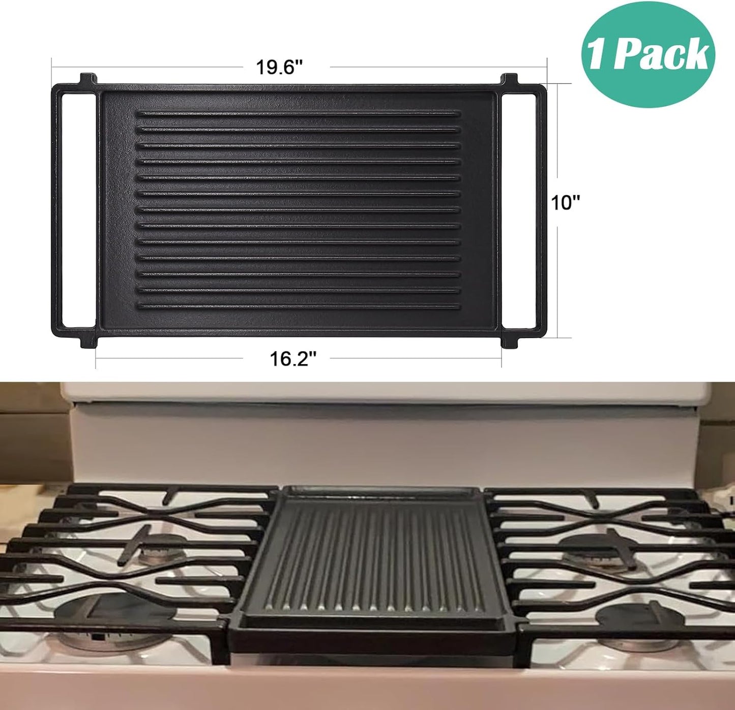 Hiorucet WB31X24998 Cast Iron Griddle Replacement for GE Gas Stove Griddle Plate, JGBS66REKSS Reversible Griddle Flat Top Pan for GE Appliance Gas Range Parts.