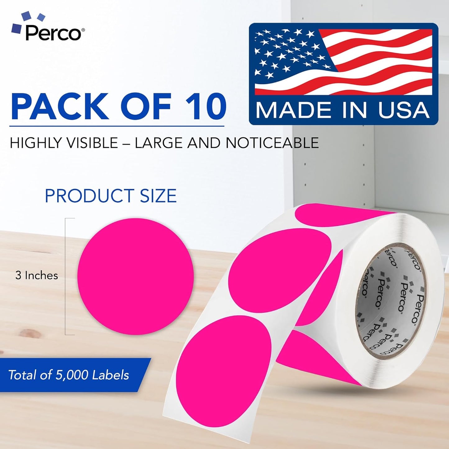 Perco Fluorescent Pink 3-Inch Perforated Circle Dot Sticker Labels — 10 Rolls, 5,000 Round Stickers — with Permanent Adhesive for Moving Boxes, Sale Signage, Displays, Status Messaging—Made in USA