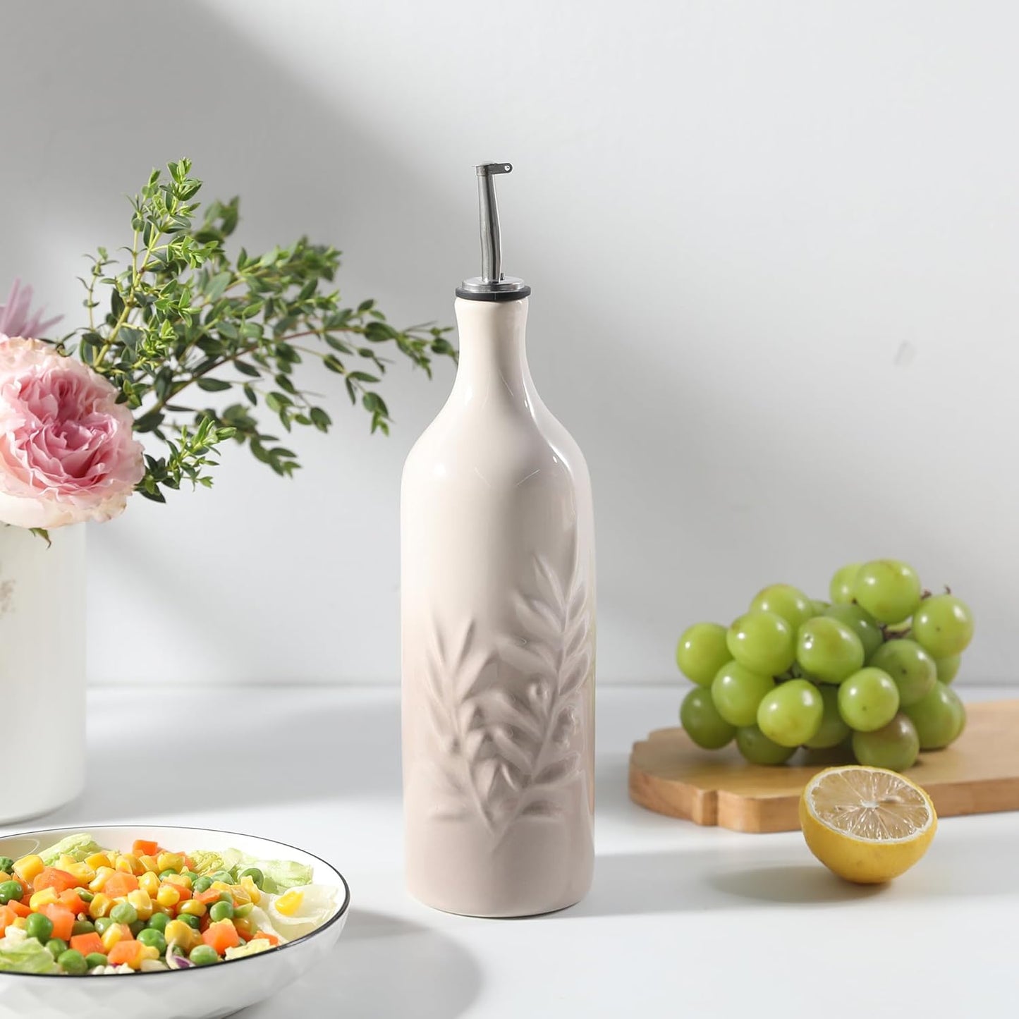 Sweejar Ceramic Olive Oil Dispenser Bottle, 24 Oz Relief Opaque Oil Cruet Protects To Reduce Oxidation, Suitable for Storage Soy Sauce, Coffee Syrup, Liquids, Set of 1 (Gradient FogGray)