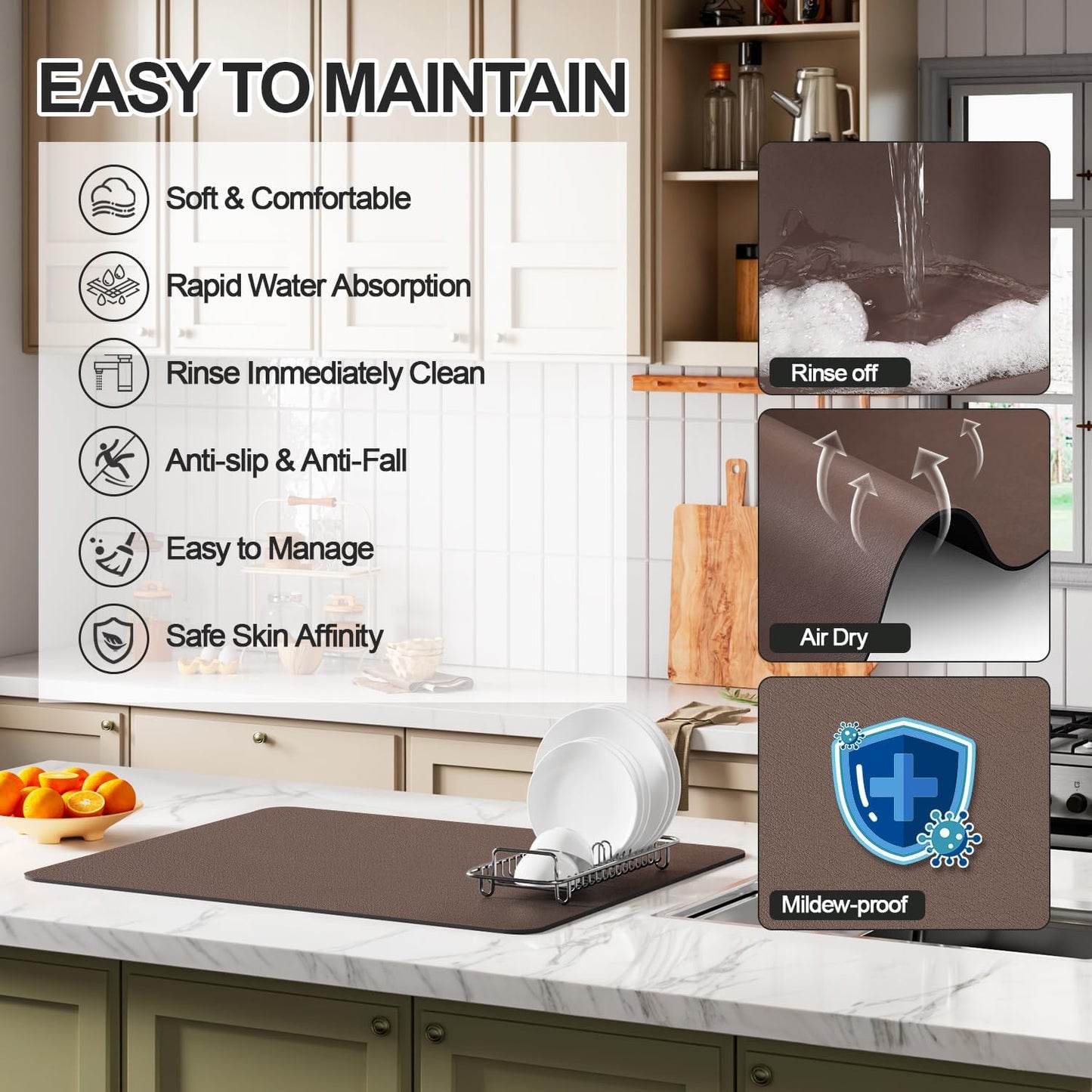 Dish Drying Mat for Kitchen Counter | Coffee Bar Mat for Countertops | Heat Resistant Drainer Mat with Non-slip Rubber Backed | Hide Stain Kitchen Absorbent Draining Mat | Brown 18"x24"