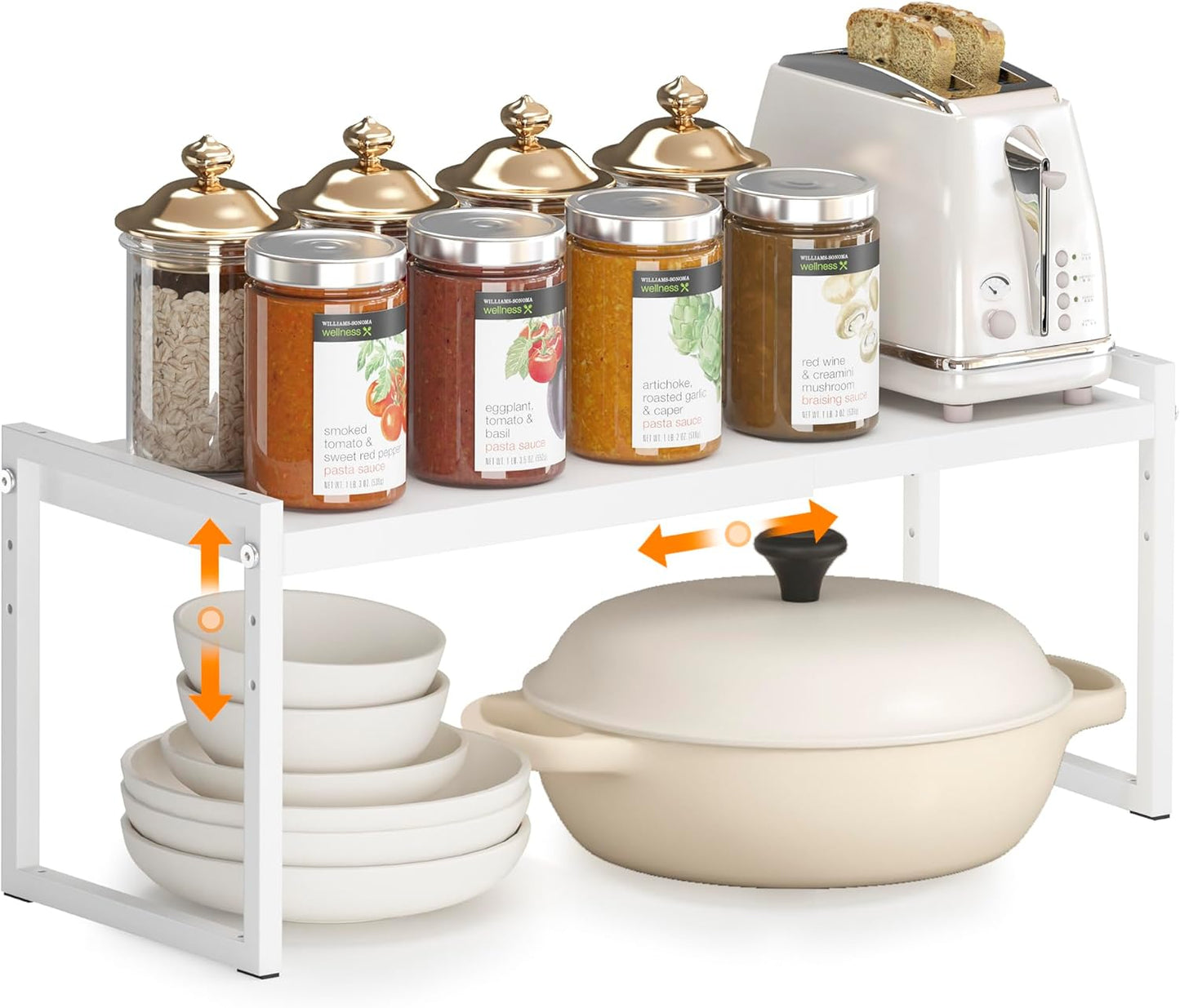 DOLALIKE Expandable Kitchen Countertop Organizer, Stackable Cabinet Shelf Organizers, Space Saving Spice Rack Pantry Storage for Bathroom Office Organization (White, 1-Tier)