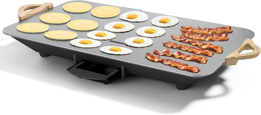 12x20inch Electric Griddle by BBQ Masters, 1700W Fast Even Heating, ILAG Granite Nonstick, Sloped Cooking Surface, Frameless Design for Easy Cleaning, Great for Family Gatherings, Grey