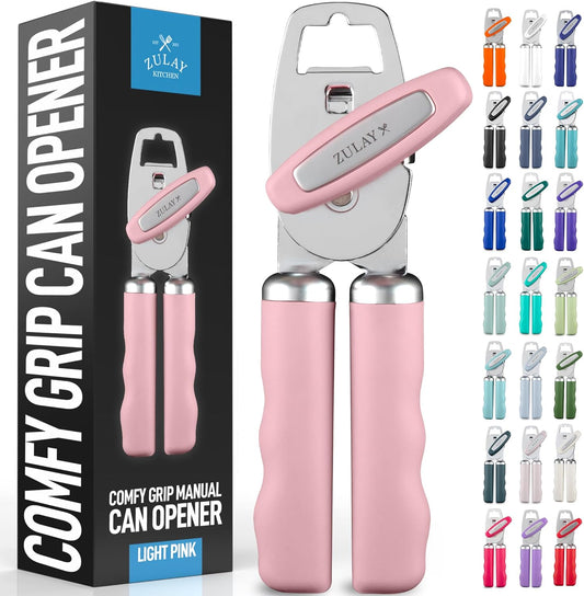 Zulay Kitchen Heavy Duty Stainless Steel Can Opener Manual with Bottle Opener - Rust Proof Manual Can Opener With Turn Knob & Comfy Soft Grip Handles - Light Pink