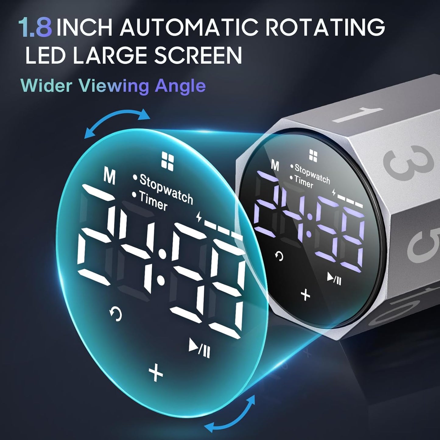 Digital Pomodoro Timer,Frosted Metal Productivity Cube Timer,1.8 in LED Digital Large Screen and Auto-Rotating Display,1/3/5/10/25/30/60min & Custom Time, Silent & Alarm,for Office, Study, Work(Grey)