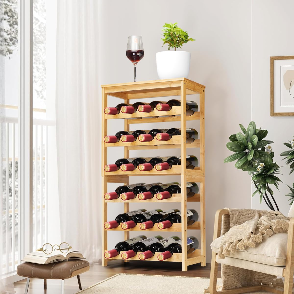 Wine Rack 24-Botttle Freestanding Floor, 6-Tier Wine Rack Shelf with Table Top, Bamboo Display Wine Storage Shelves Kitchen Bar Dining Room Living Room, Natural
