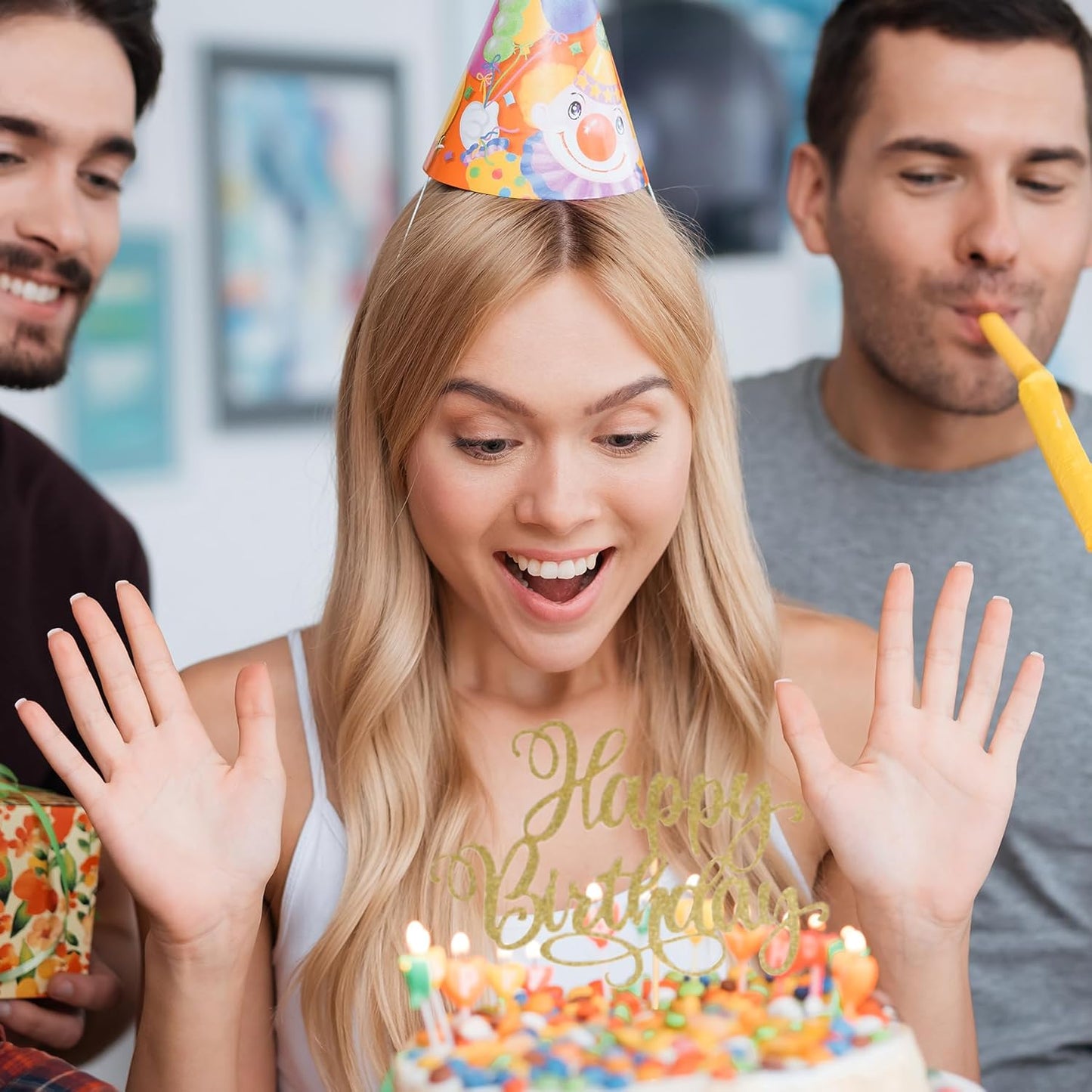 Happy Birthday Cake Toppers 9 Inch Glitter Happy Birthday Cake Pick for Birthday Anniversary Theme Party Cake Decorations Supplies - Champagne Gold