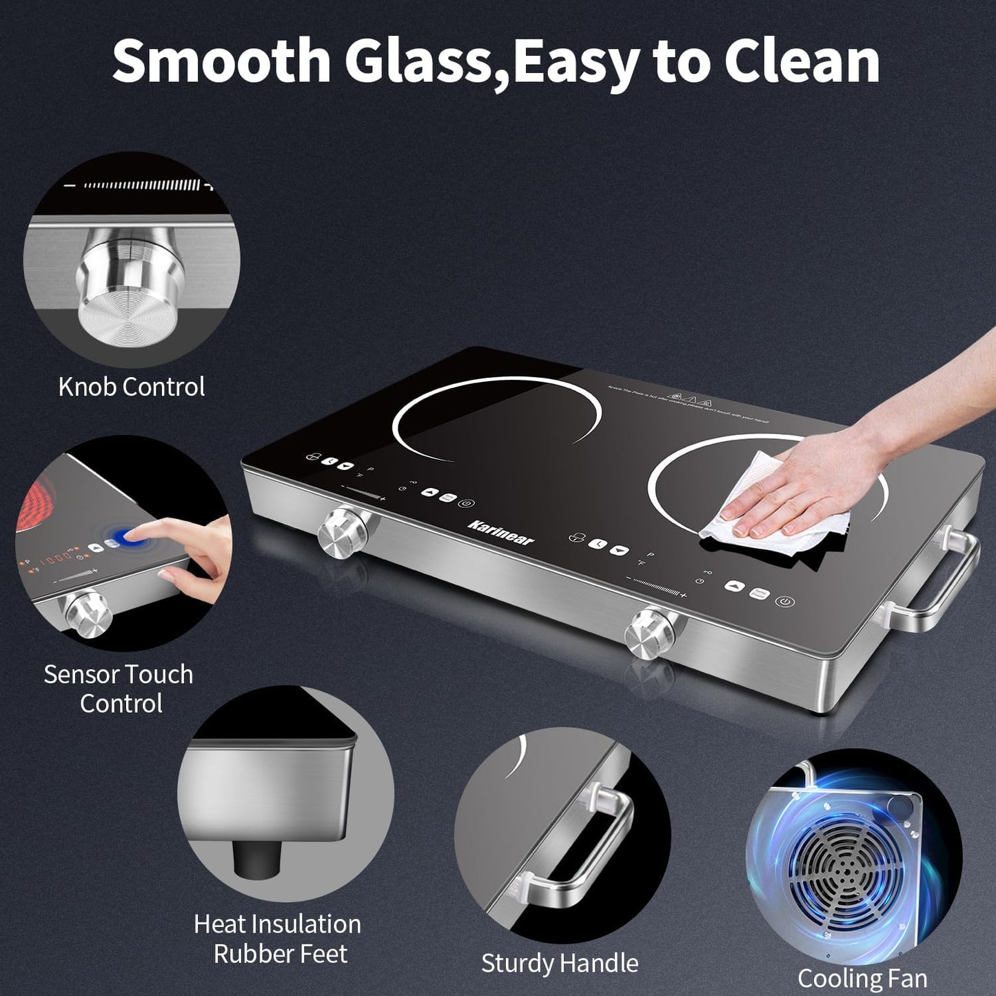 Karinear 2 Burner Electric Cooktop 110V, Portable Electric Stove with Handle, Knob Control Electri Hot Plate, Ceramic Countertop Burner, Timer, Safety Lock, 9 Power Level, 2000W, 24 inch(White)