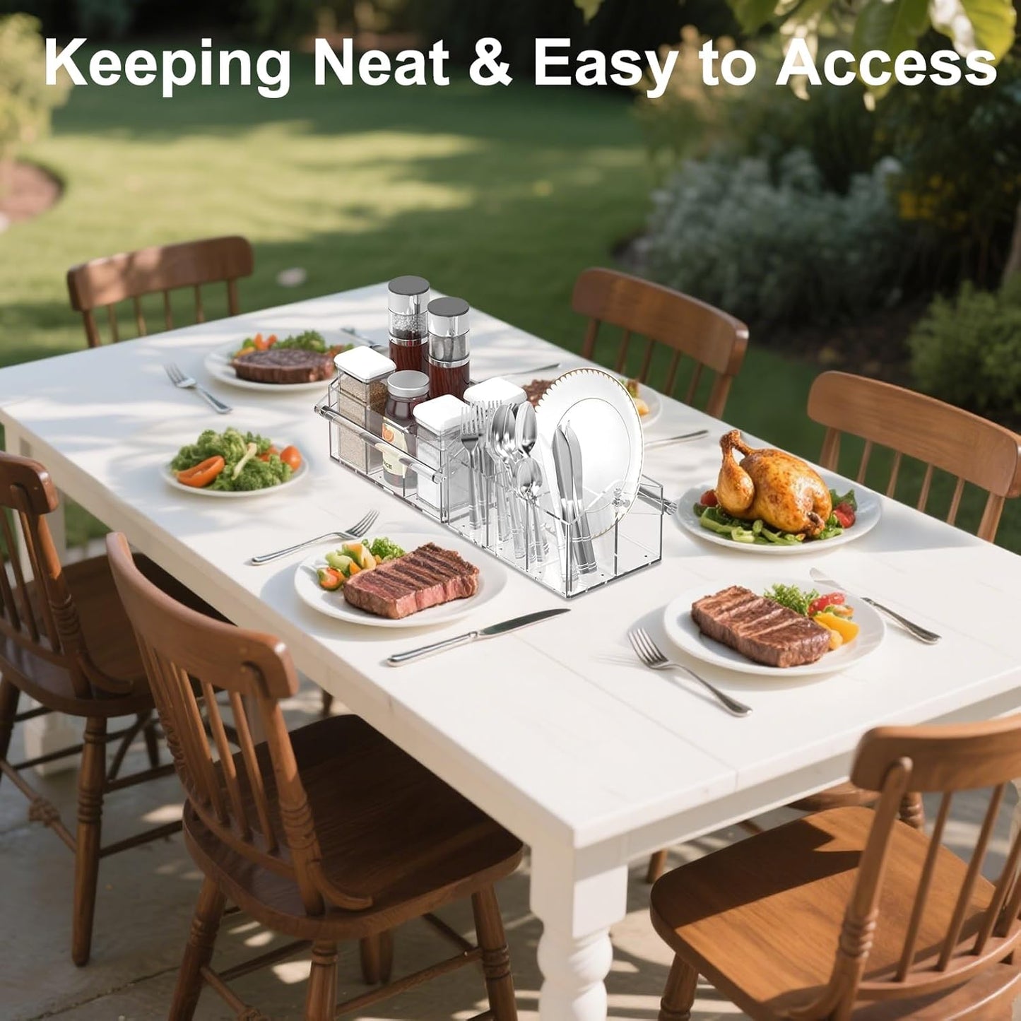 Acrylic Utensil Caddy.Silverware Organizer & Utensil Holder-Heavy-Duty Countertop Cutlery Caddy for Spoons, Forks, Knives, Napkins, Plates | Space-Saving Table, Buffet, Picnic Party Essential